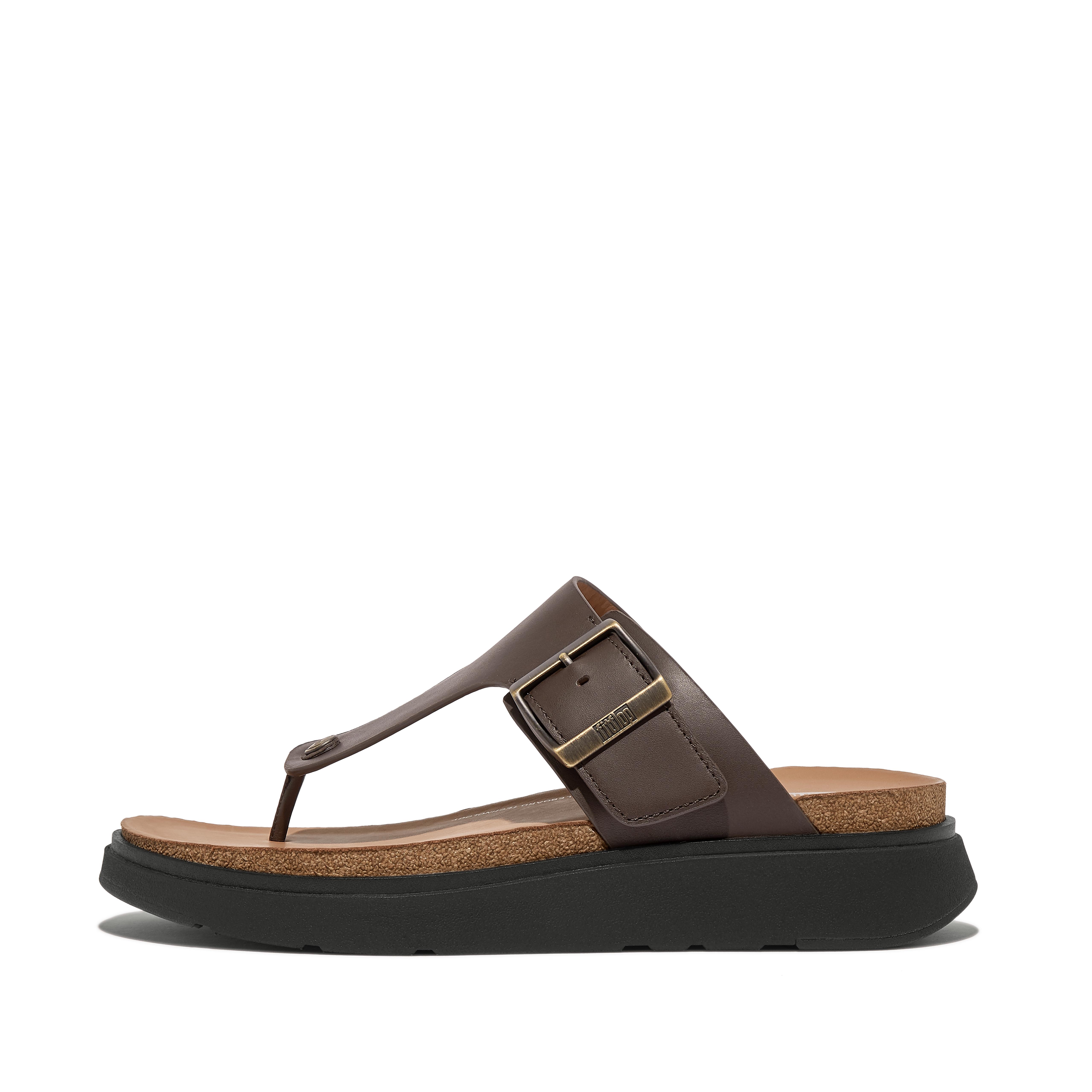 핏플랍 Fitflop Buckle Leather Toe-Post Sandals,Brown Mix