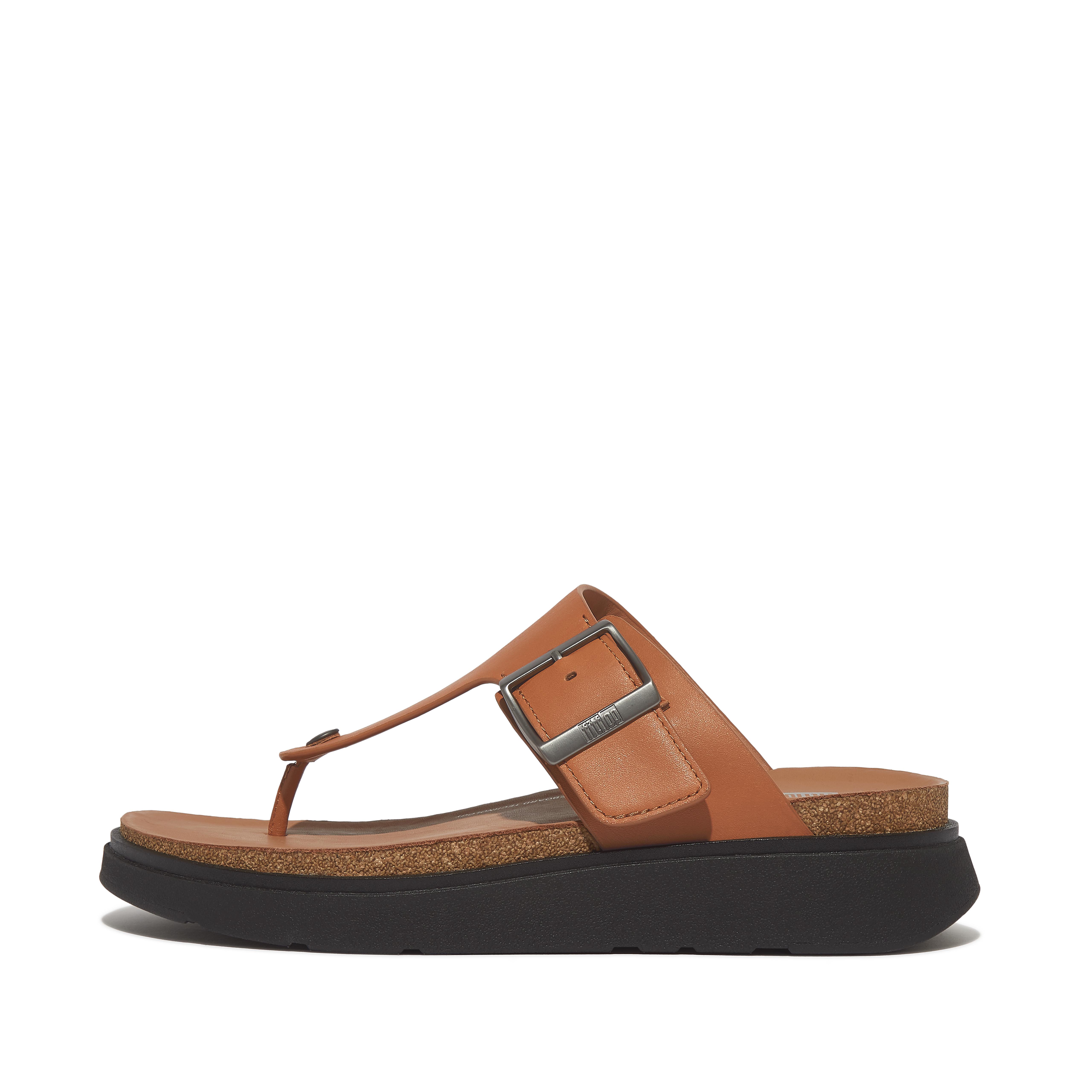 핏플랍 Fitflop Buckle Leather Toe-Post Sandals,Light Tan