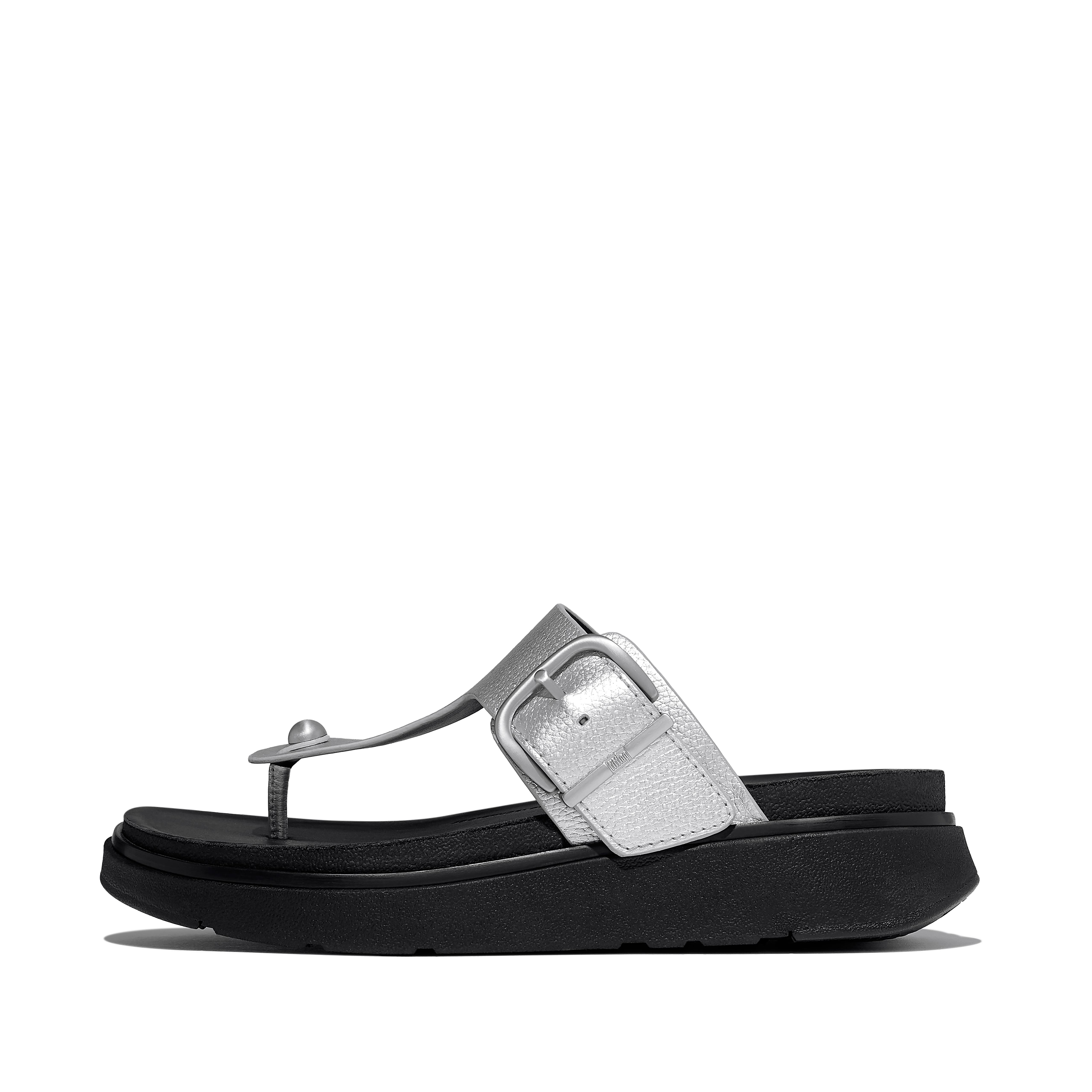 FitFlop GEN-FF Buckle Metallic Tumbled-Leather Toe-Post Sandals, Full Price, Silver, Size: US 7
