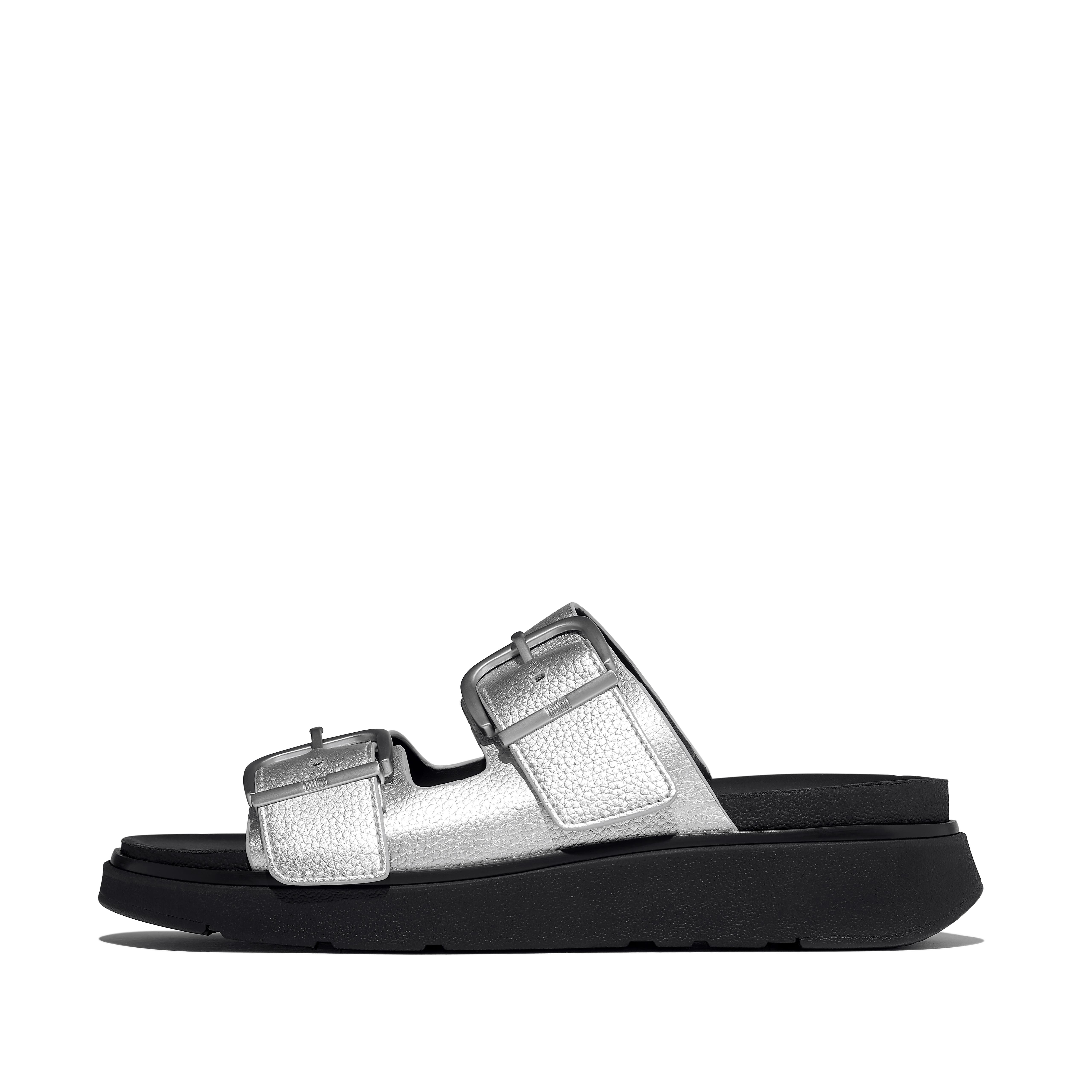 FitFlop GEN-FF Buckle Metallic Tumbled-Leather Two-Bar Slides, Full Price, Silver, Size: US 9