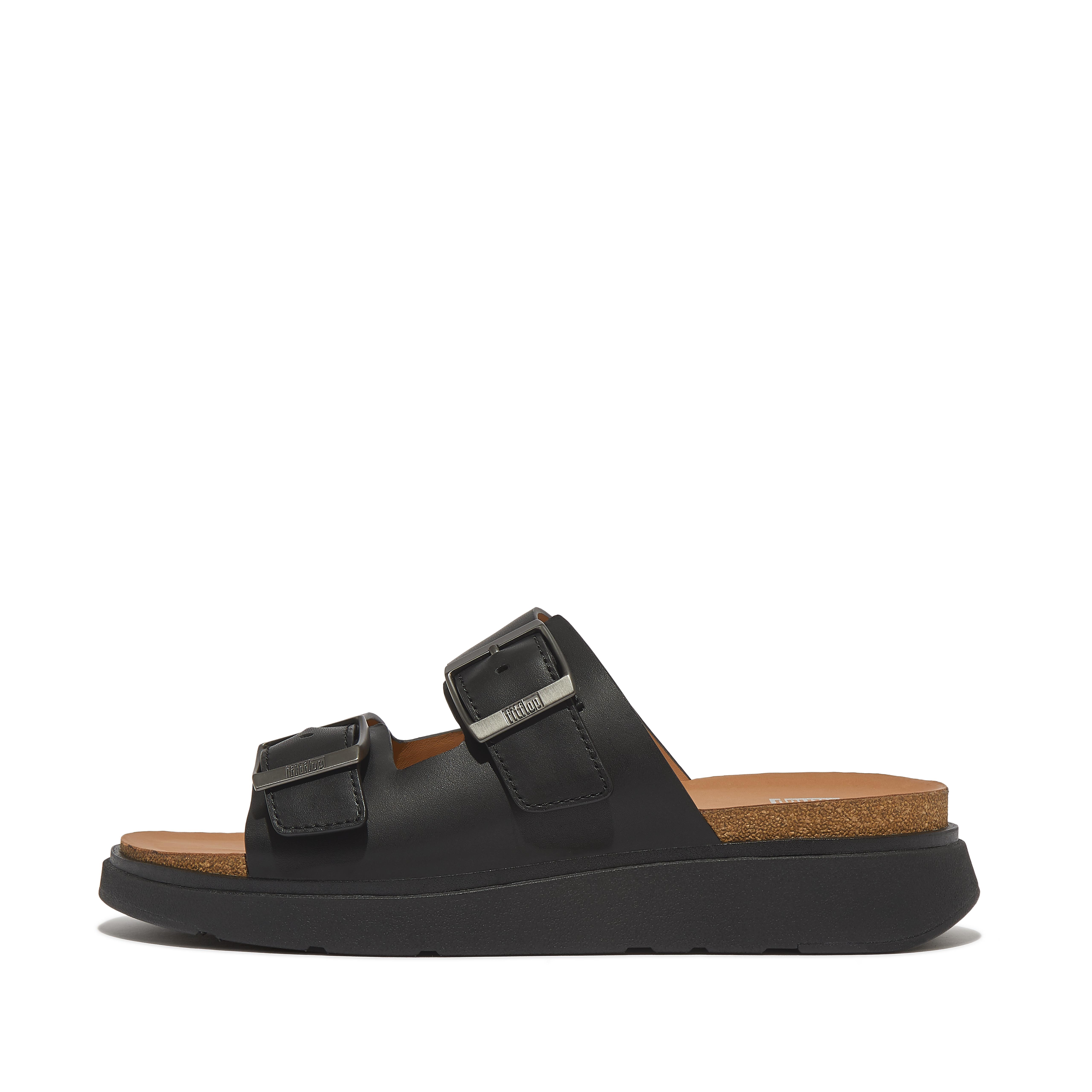 핏플랍 Fitflop Buckle Two-Bar Leather Slides,Black