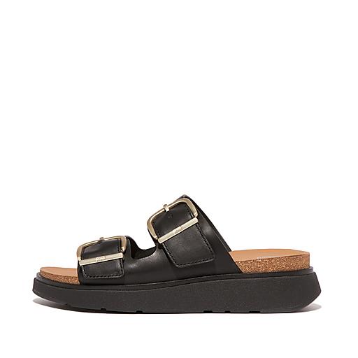 Wide Fit Black Leather-Look Buckle Sliders