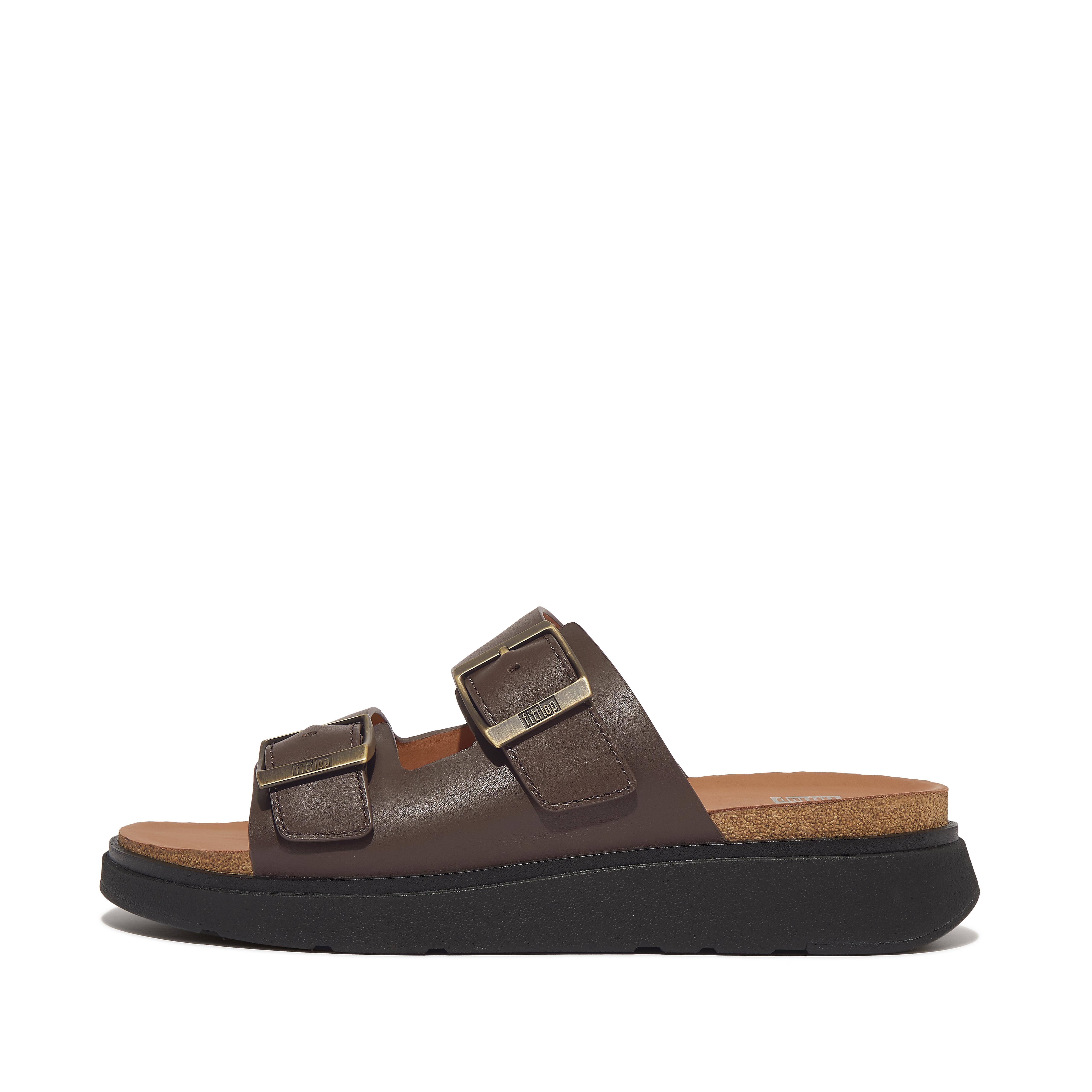 핏플랍 Fitflop Buckle Two-Bar Leather Slides,Brown Mix