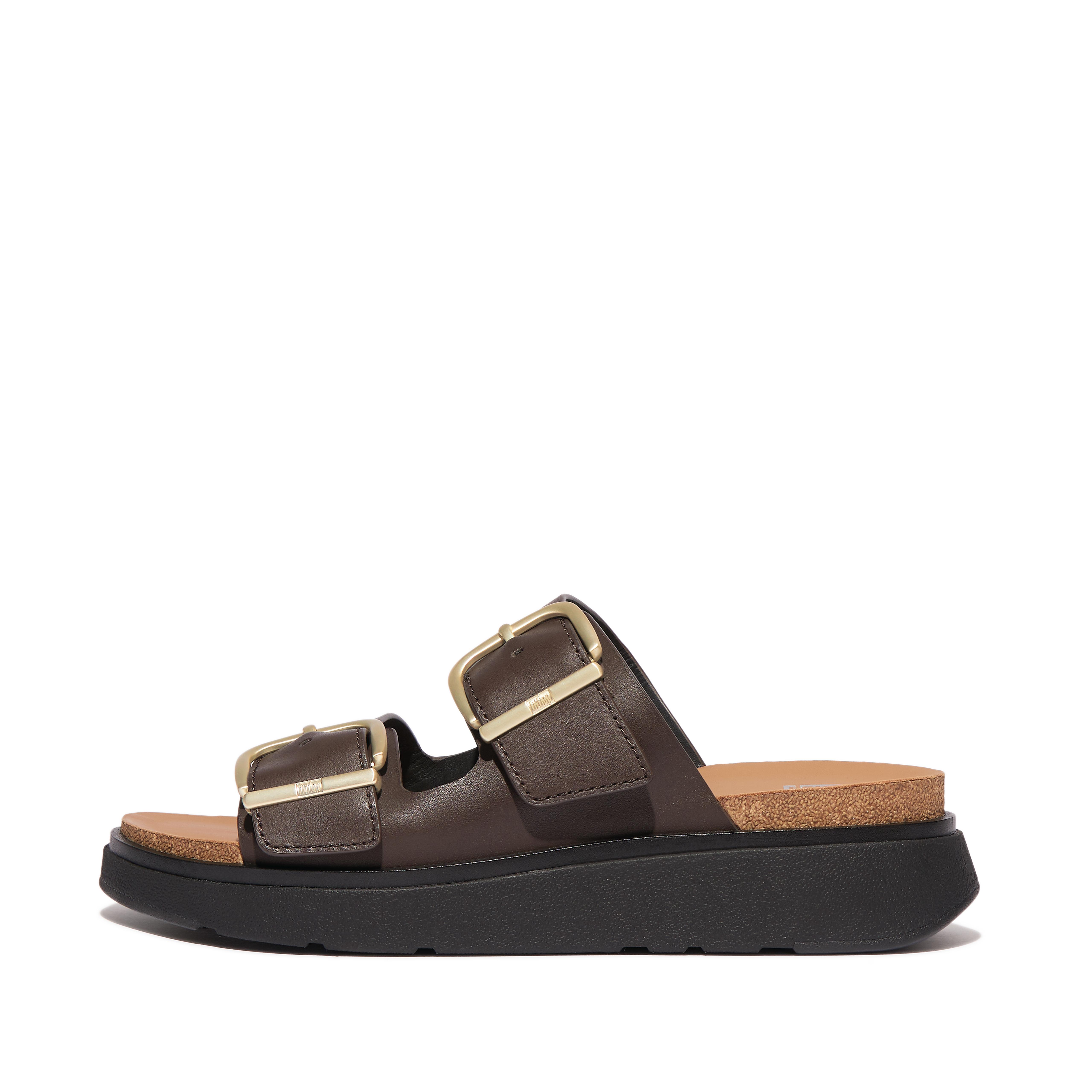 Fitflop Buckle Two-Bar Leather Slides,Brown Mix
