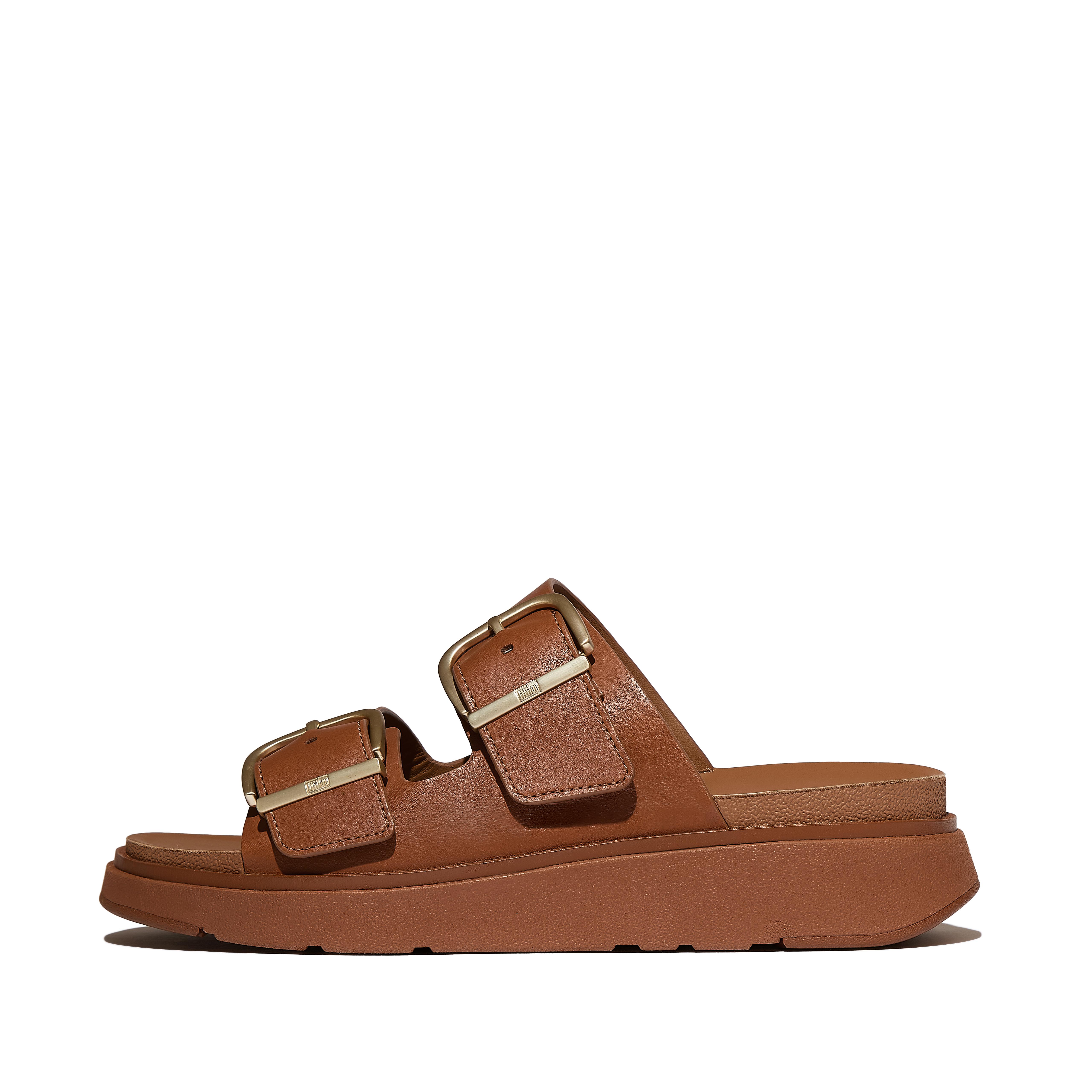 FitFlop GEN-FF Buckle Two-Bar Leather Slides, Full Price, Light Tan, Size: US 11