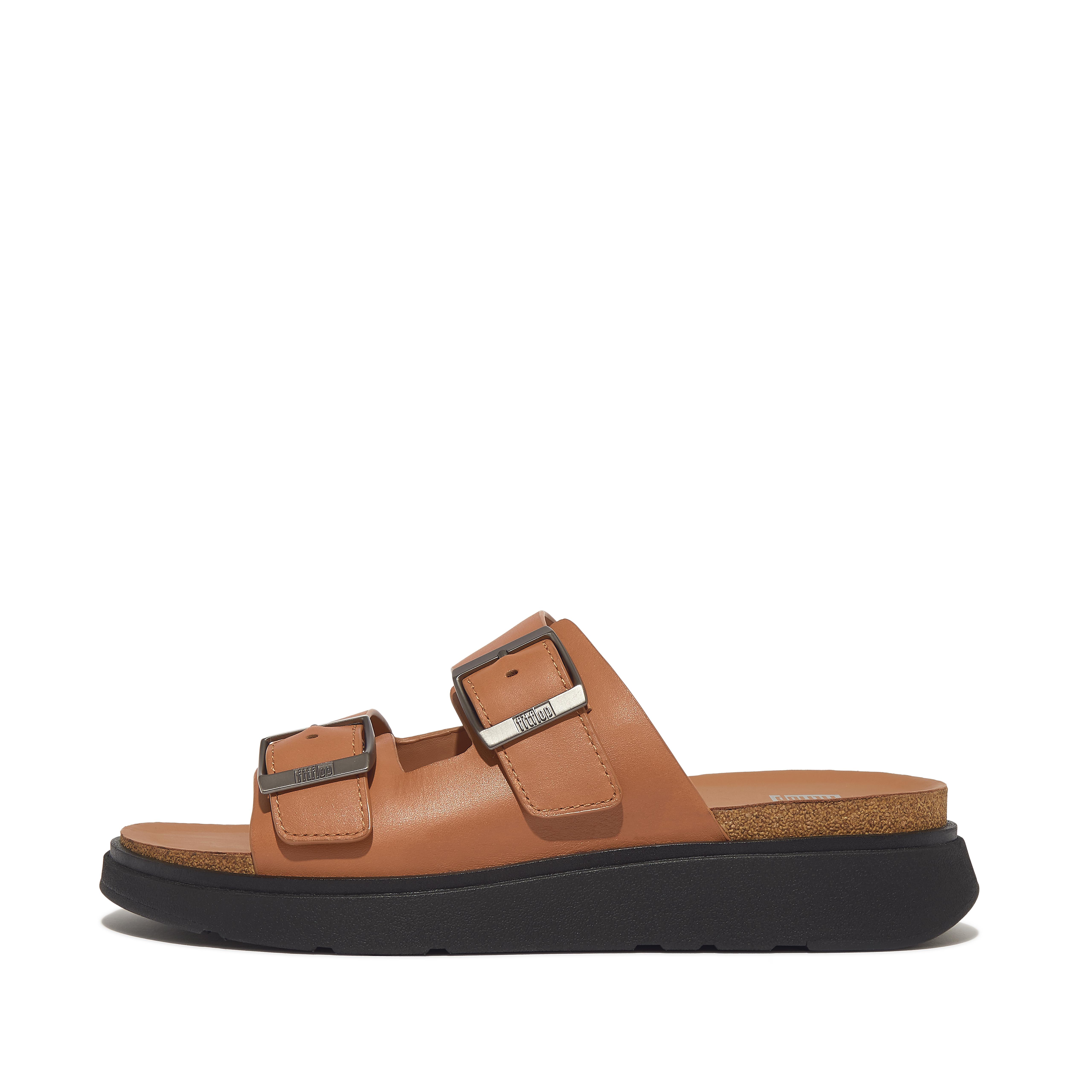 핏플랍 Fitflop Buckle Two-Bar Leather Slides,Light Tan