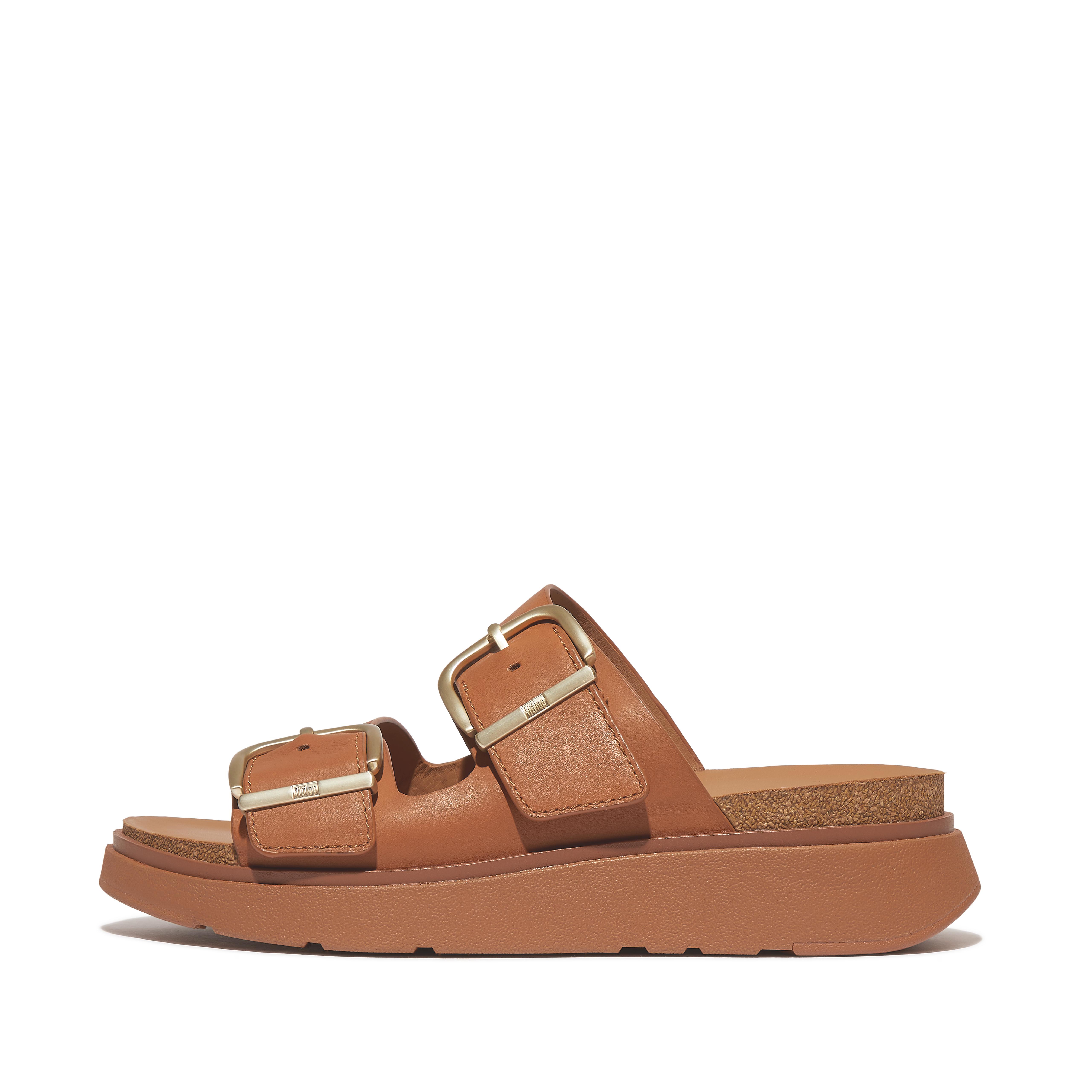 Fitflop Buckle Two-Bar Leather Slides,Light Tan