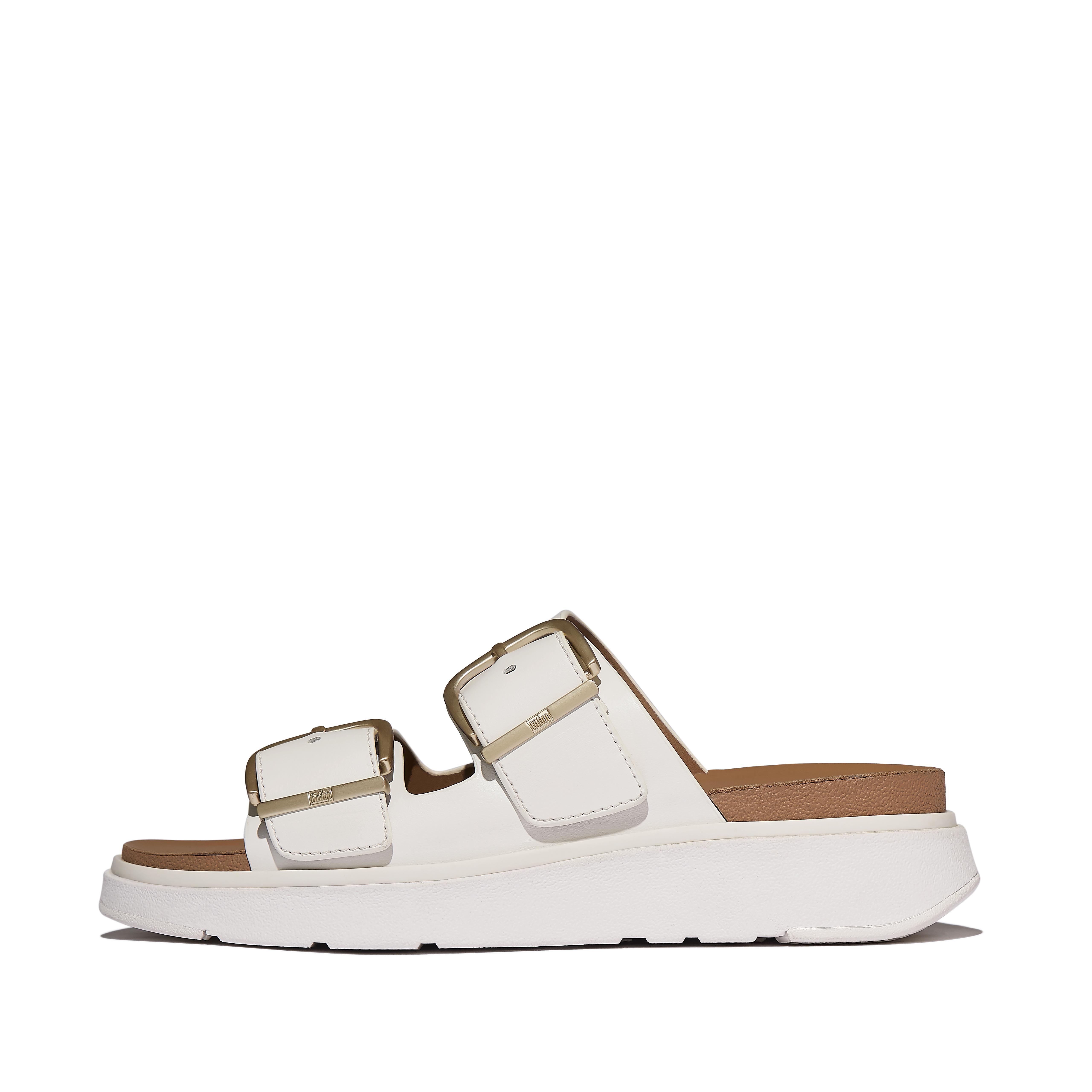 FitFlop GEN-FF Buckle Two-Bar Leather Slides, Full Price, Urban White, Size: US 9