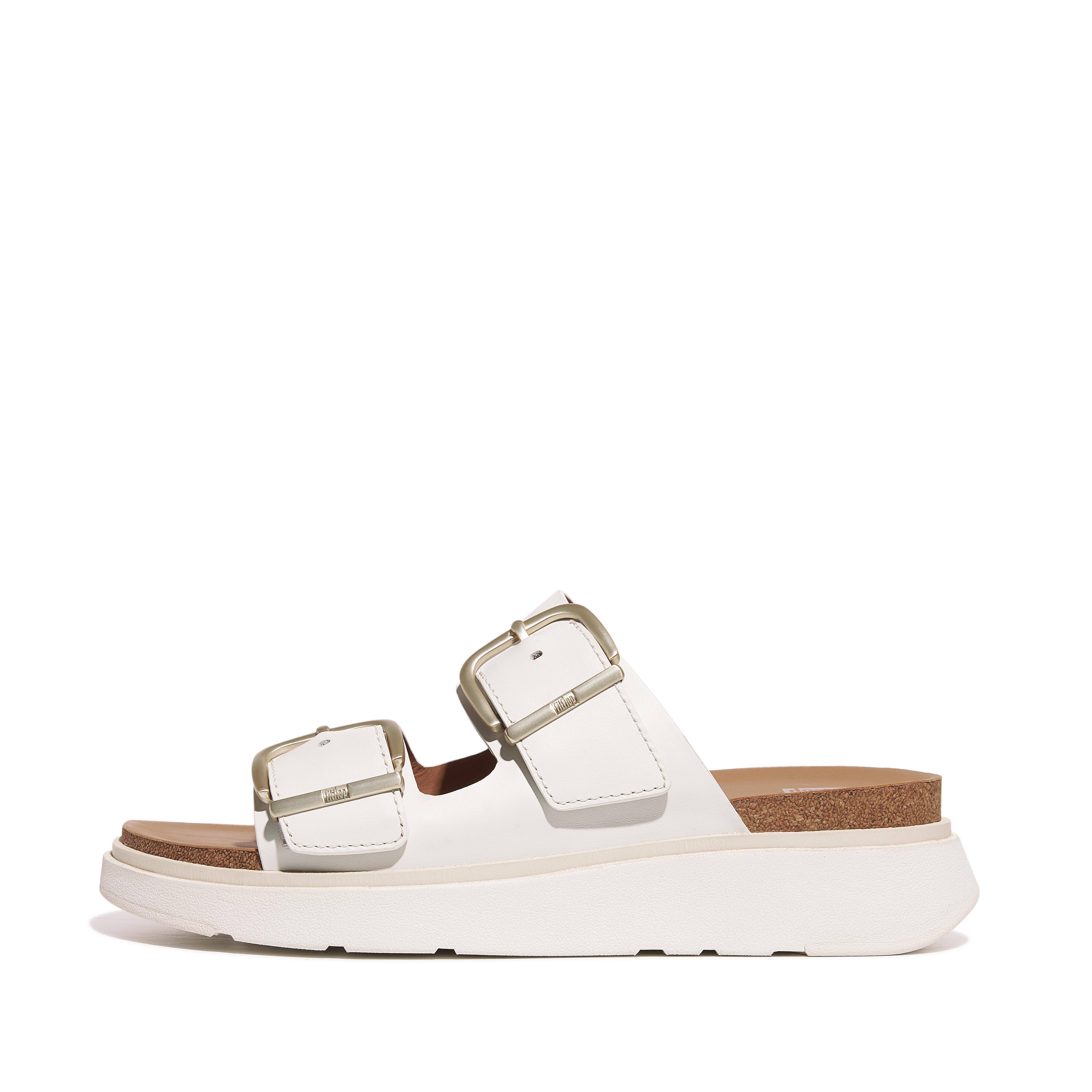Fitflop Buckle Two-Bar Leather Slides,Urban White
