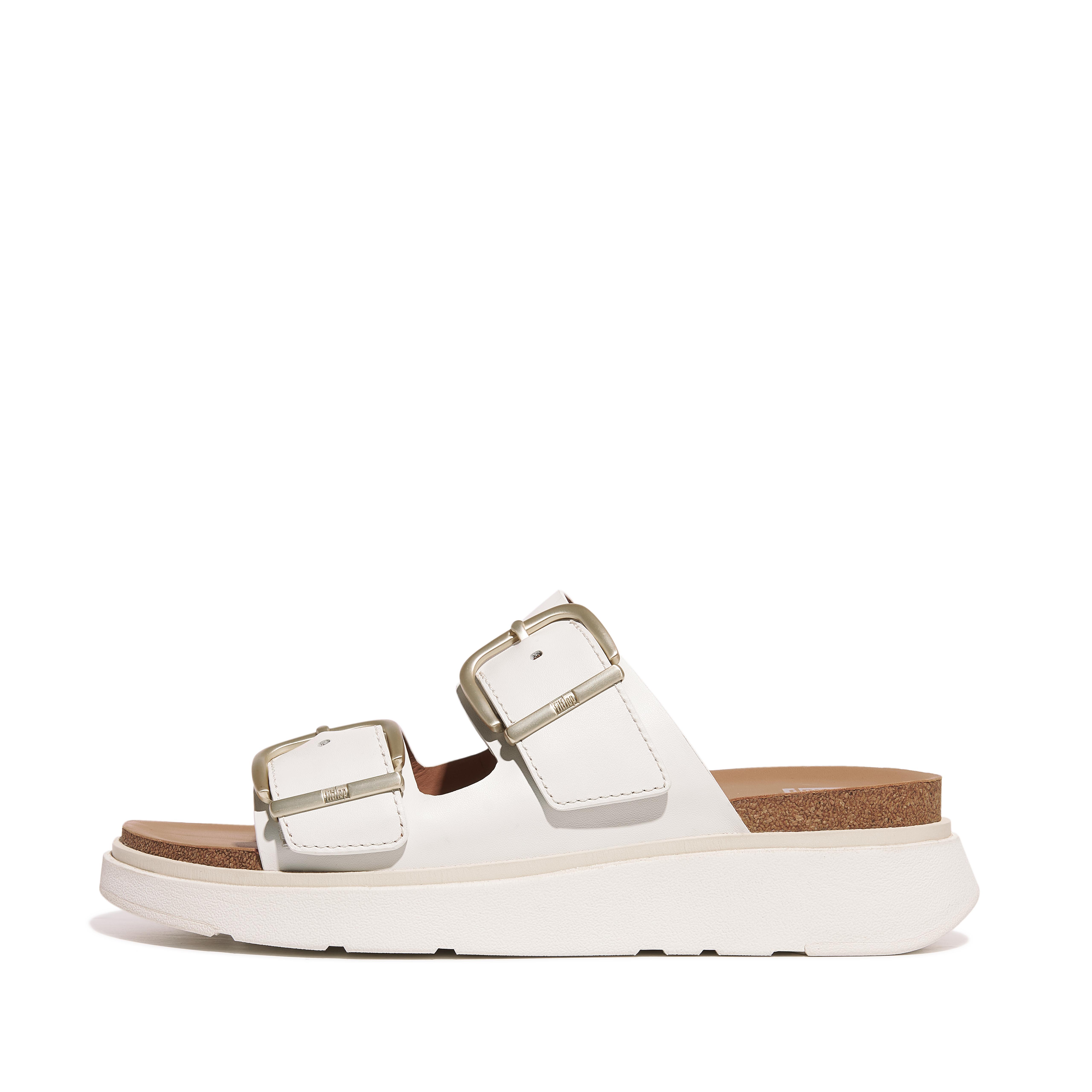 FitFlop GEN-FF Buckle Two-Bar Leather Slides, Outlet, Urban White, Size: US 8.5