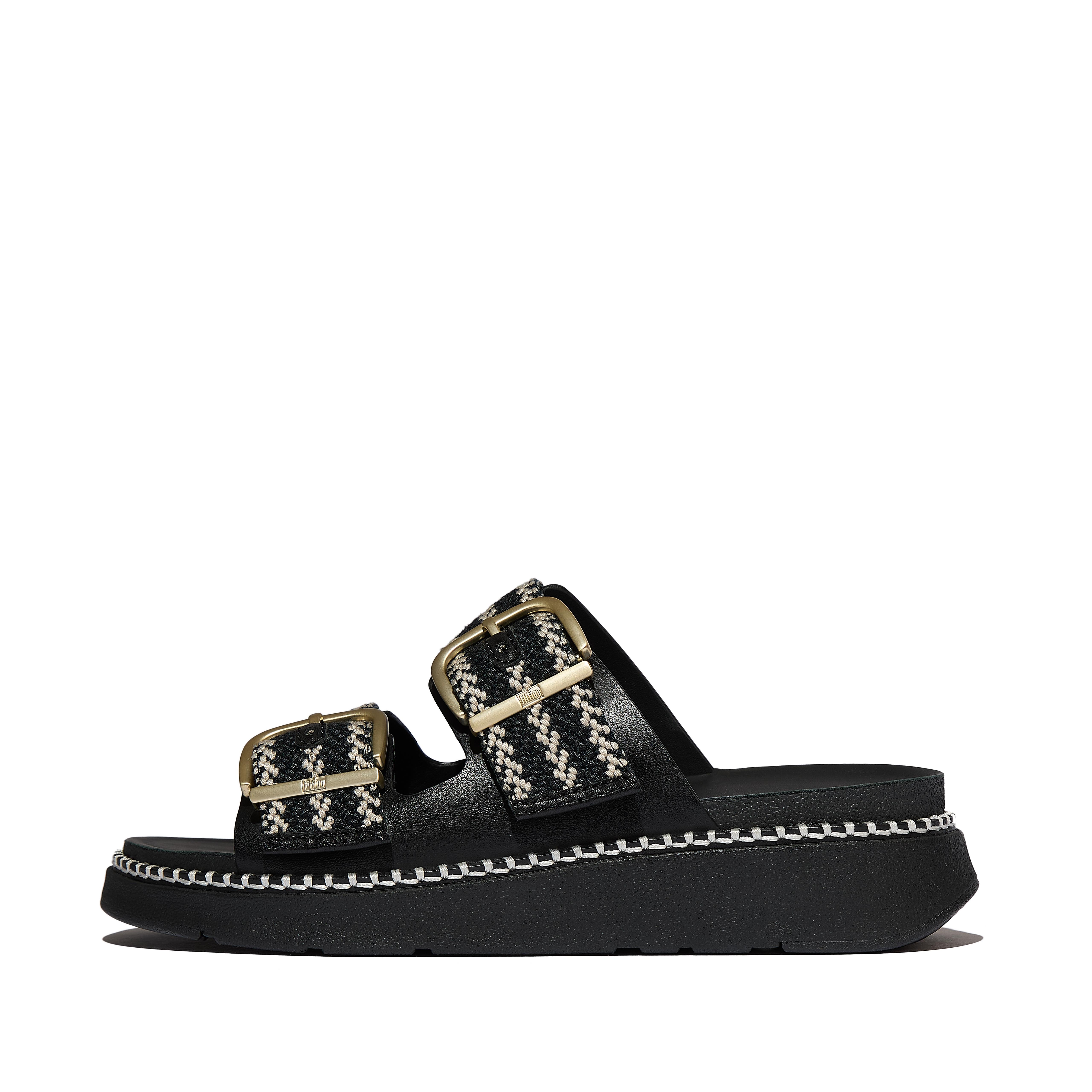 Women GEN-FF Buckle V-Weave Two-Bar Slides Leather/Webbing