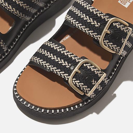 Fitflop Women s GEN FF Buckle Two Bar Stripe Weave Slides Black Size CA 5 Webbing PolyesterLeather