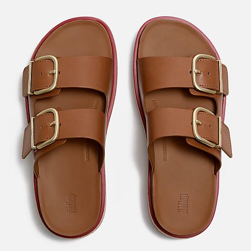 FitFlop NEW GEN-FF Men’s 12 Buckle Two-Bar Brown Leather Slides Sandals Fitflop Gen FF Buckle Two Bar Leather Slides Mens Chocolate  main image 2