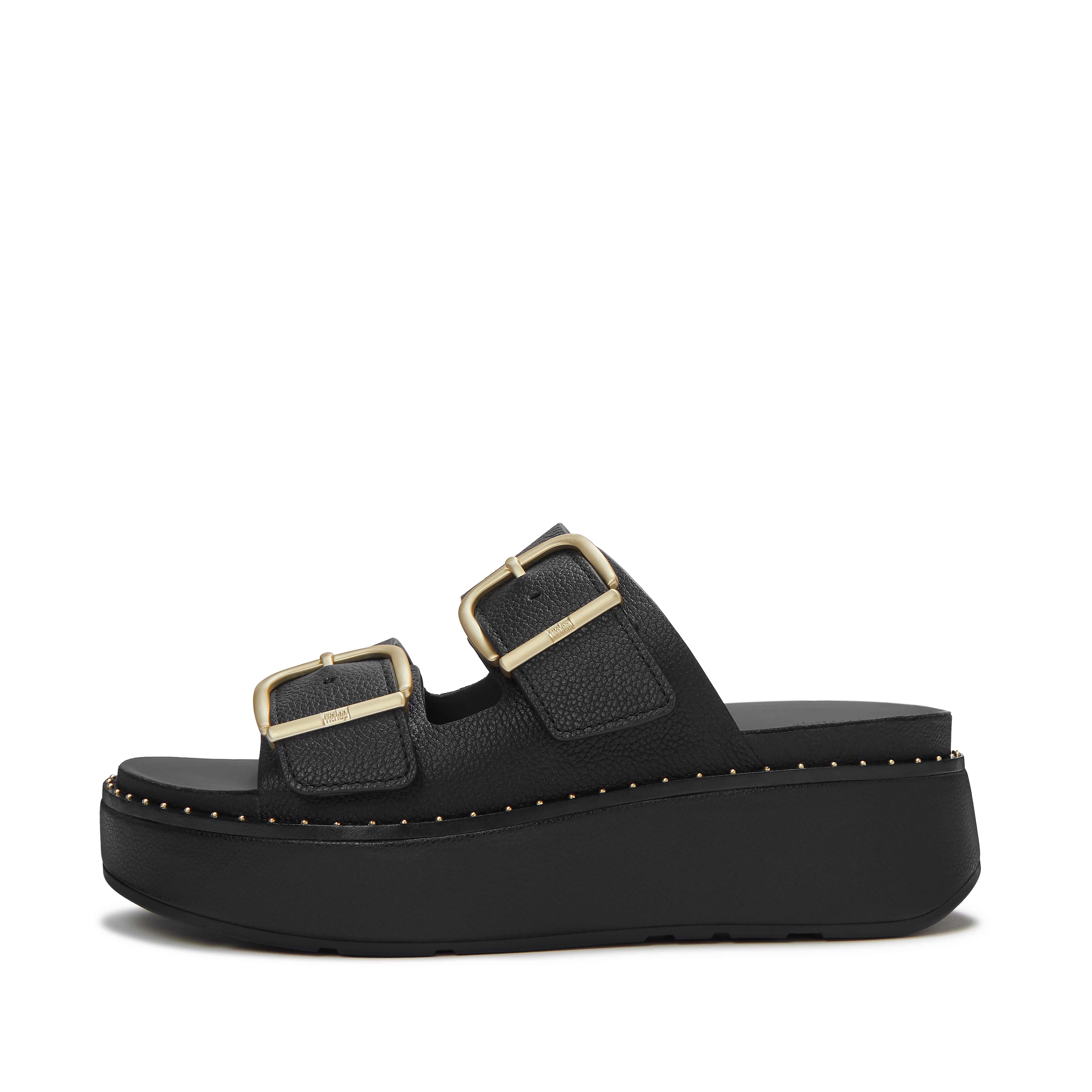 FitFlop GEN-FF Max Buckle Tumbled-Leather Two-Bar Slides, Full Price, All Black, Size: US 9