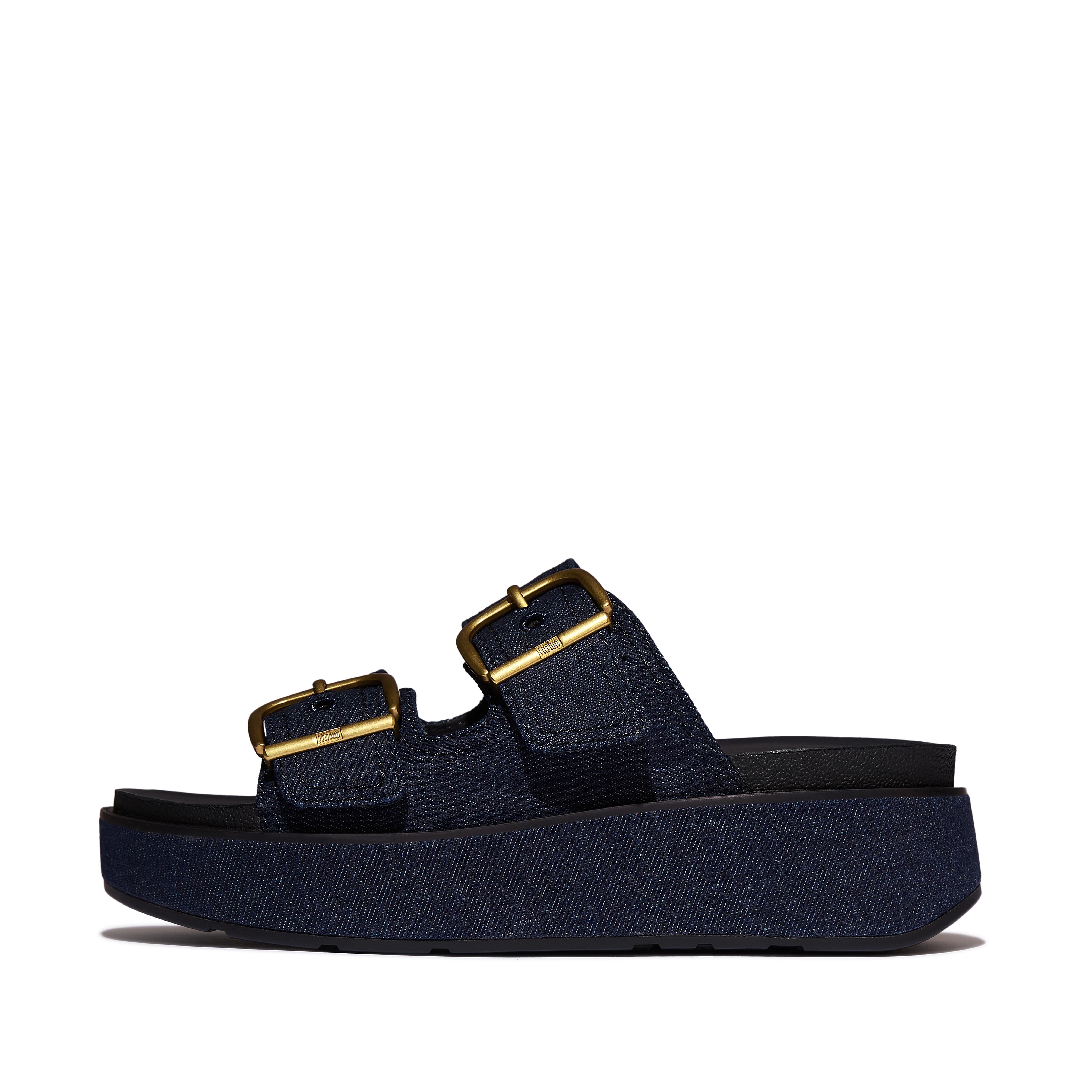 FitFlop GEN-FF Max Buckle Two-Bar Denim Slides Polyester-Cotton, Full Price, Size: US 8.5