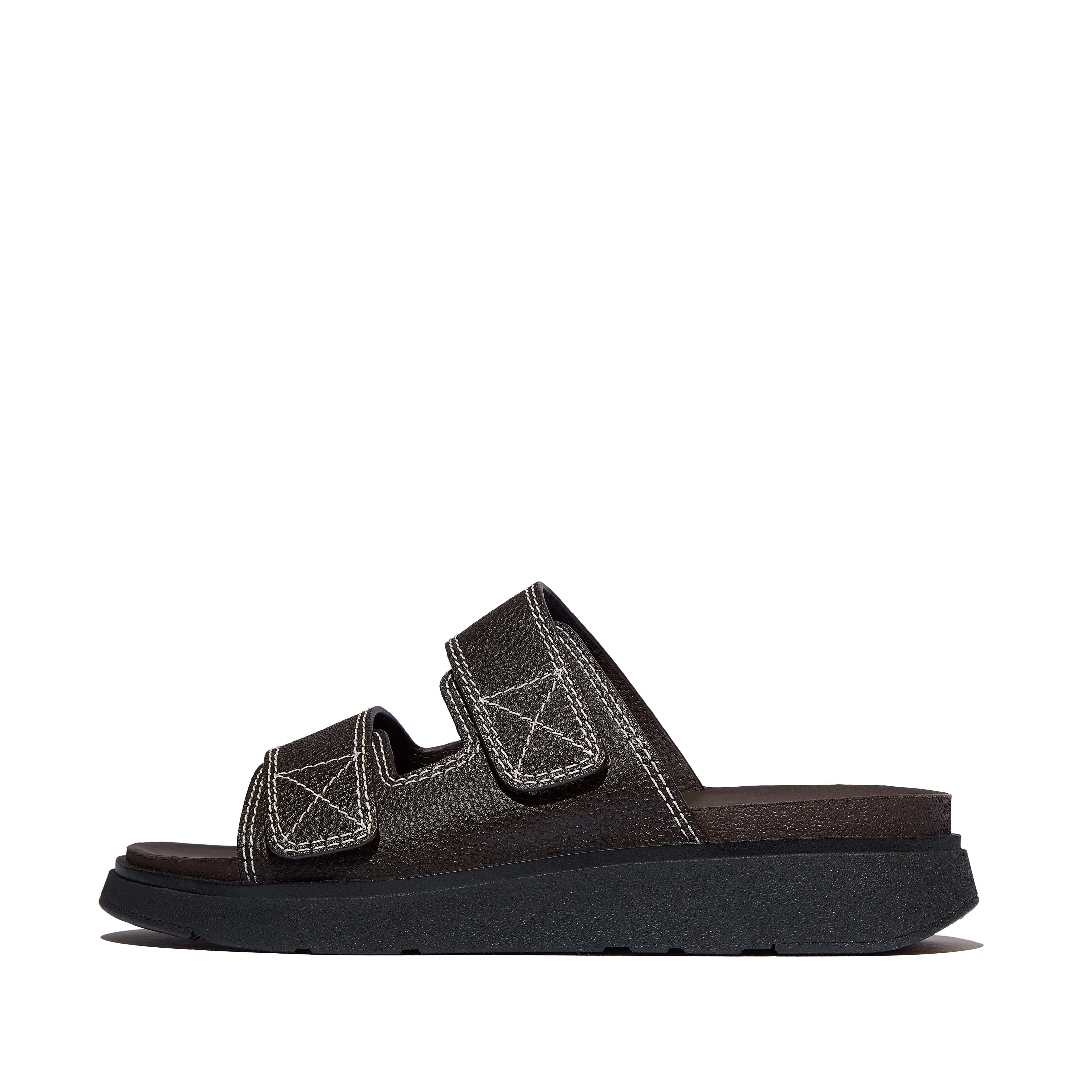 GEN-FF Mens Stitch-Detail Two-Bar Tumbled-Leather Slides