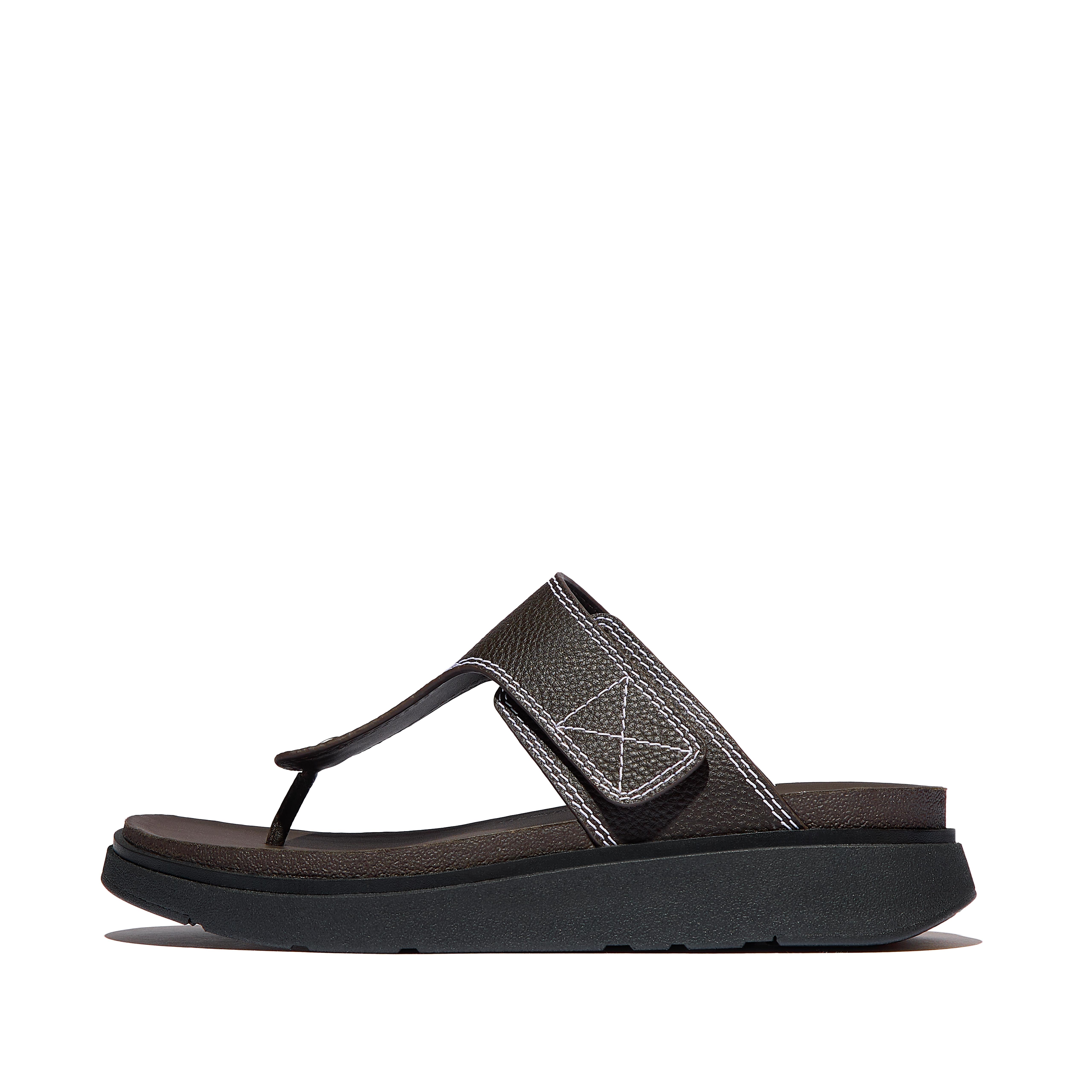 GEN-FF Mens Stitch-Detail Tumbled-Leather Toe-Post Sandals