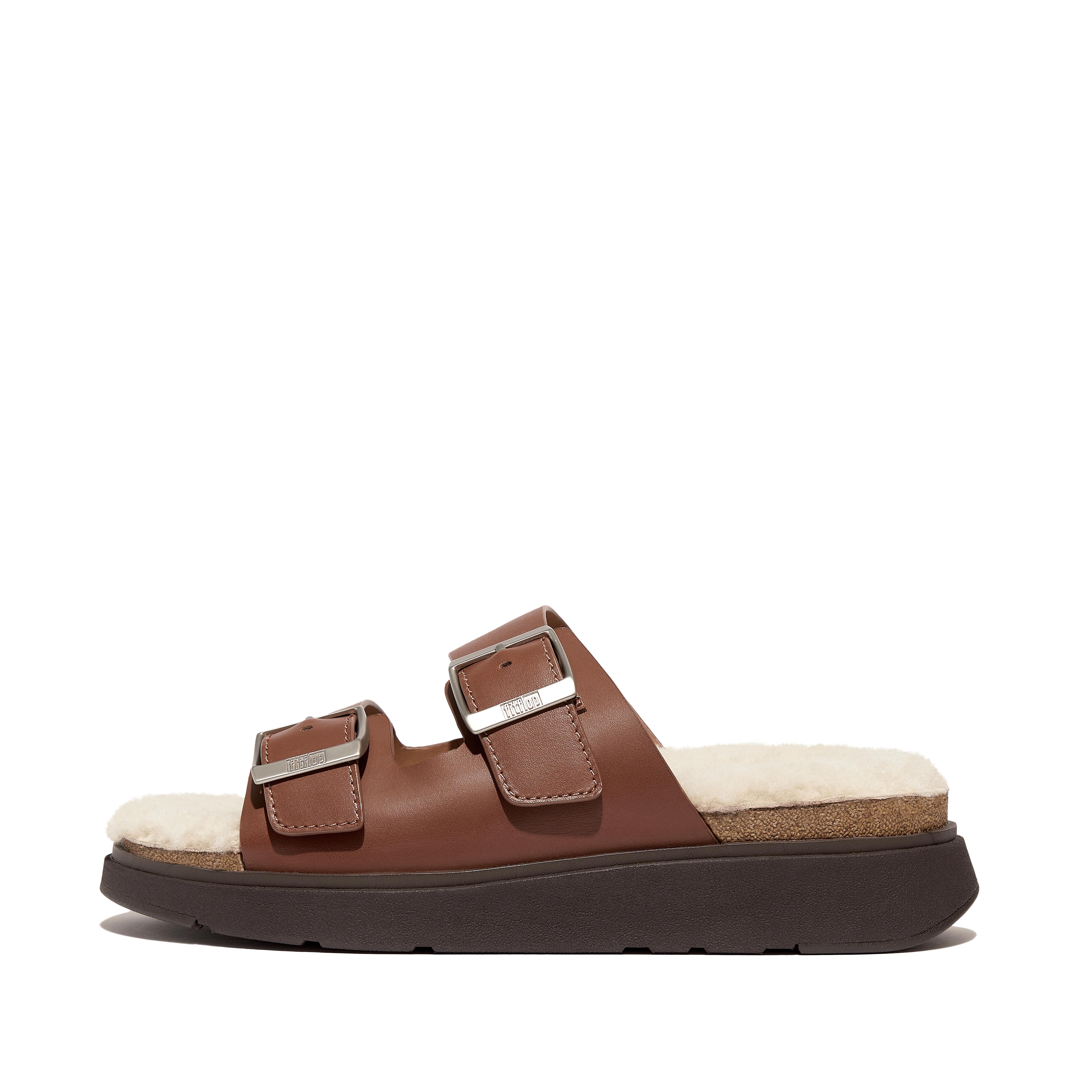 GEN-FF Mens Buckle Shearling-Footbed Leather Two-Bar Slides