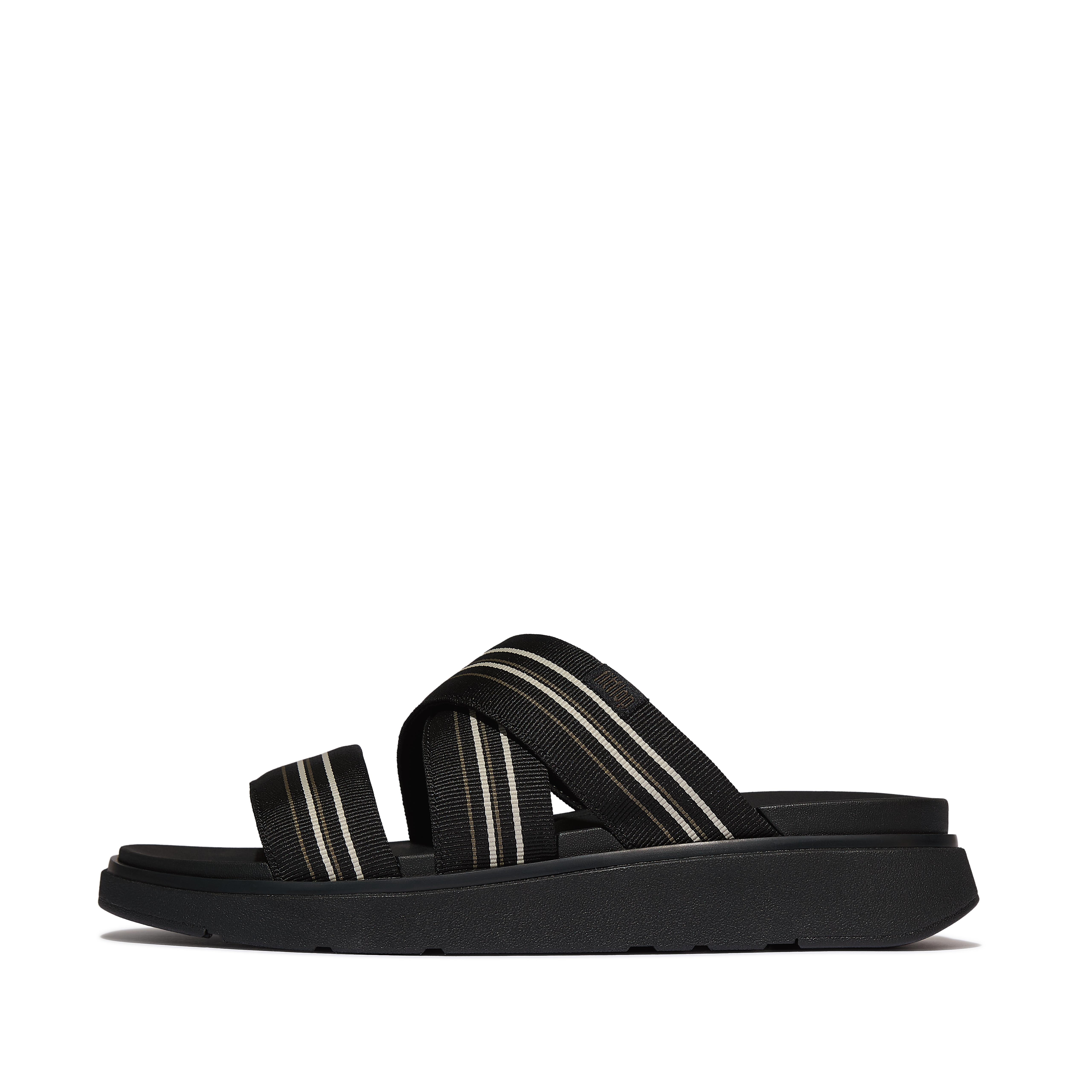 FitFlop GEN-FF Stripy-Webbing Strappy Slides Polyester, Full Price, Black Mix, Size: US 8