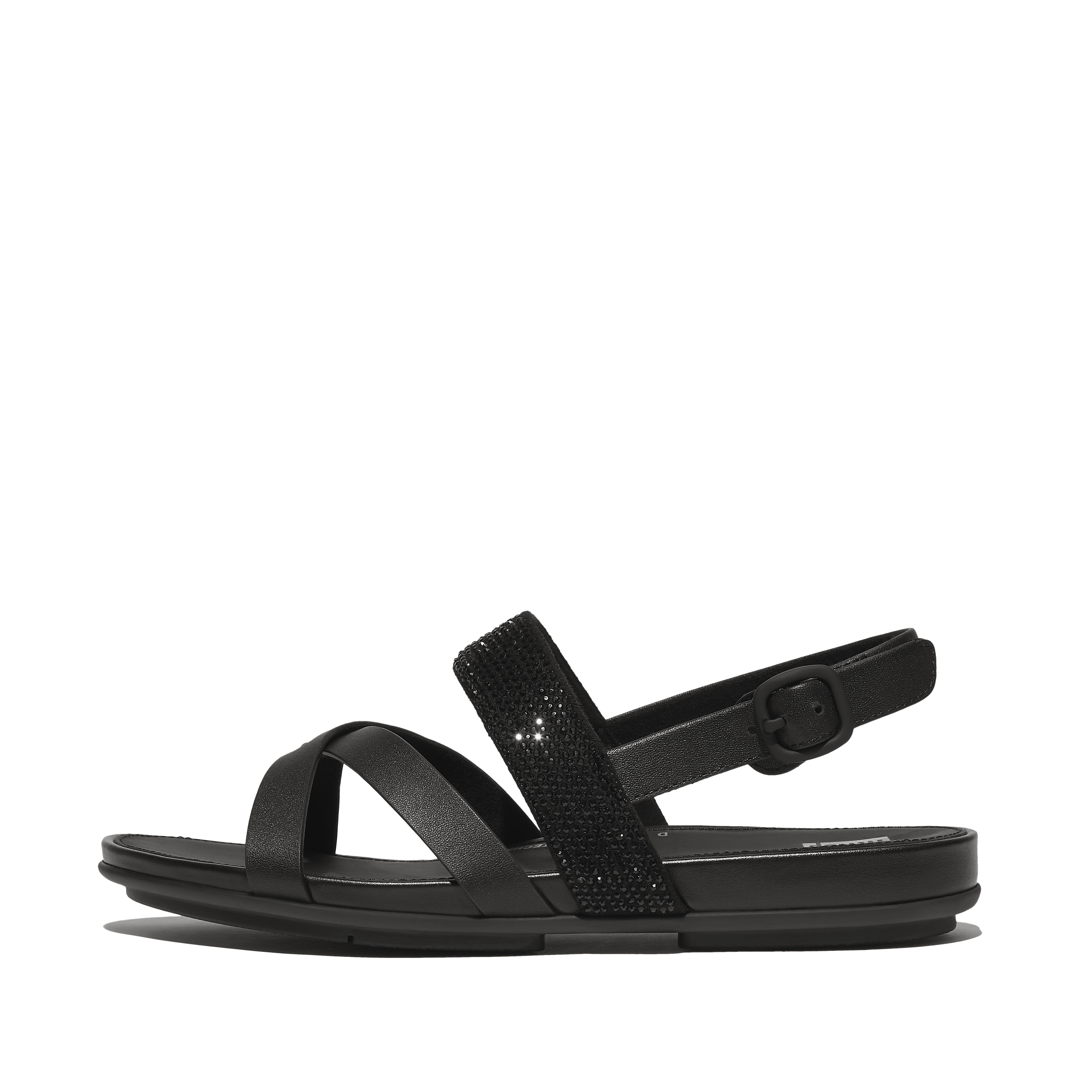 Fitflop Crystal Leather Strappy Back-Strap Sandals,Black