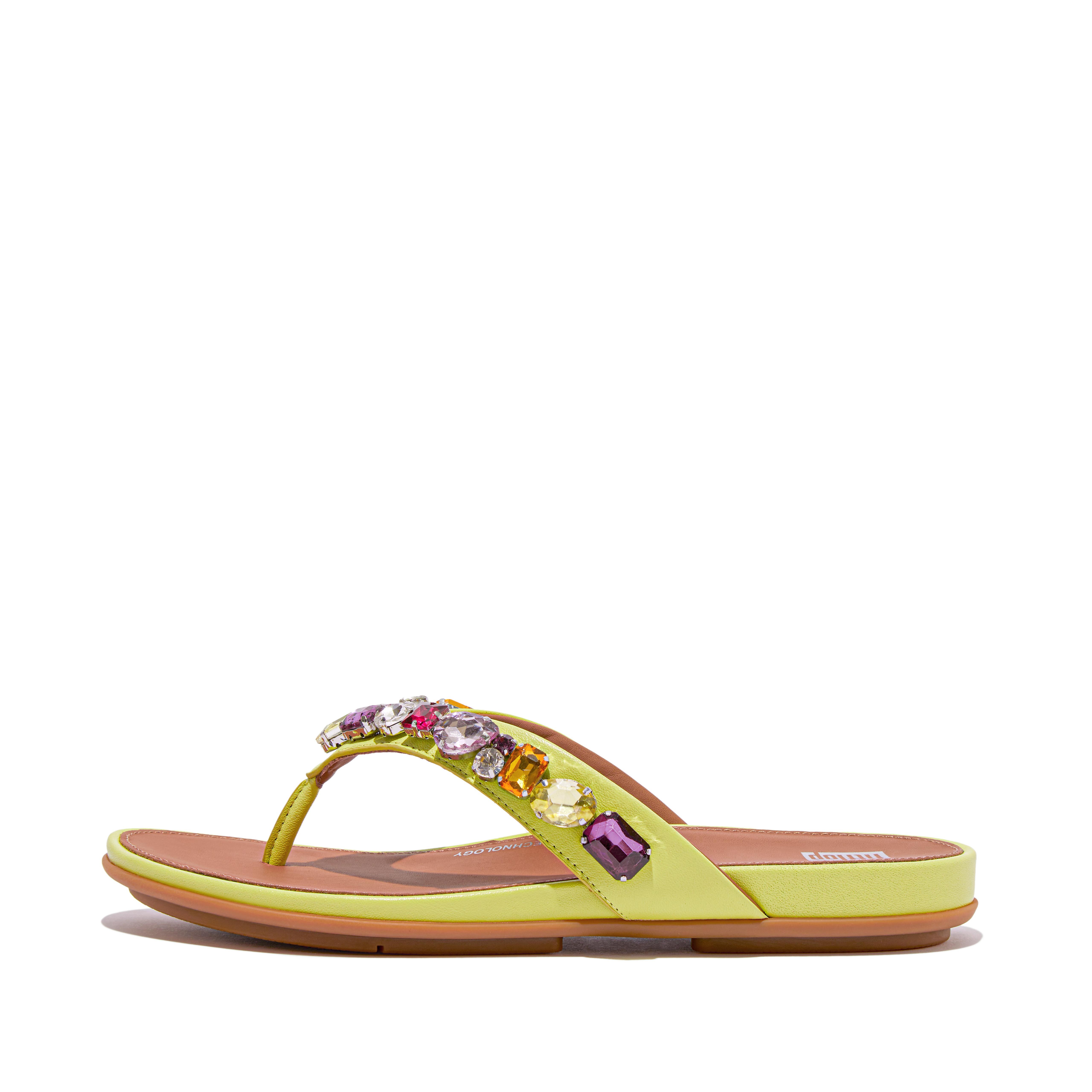 Fitflop Jewel-Deluxe Leather Flip-Flops,Sunny Lime