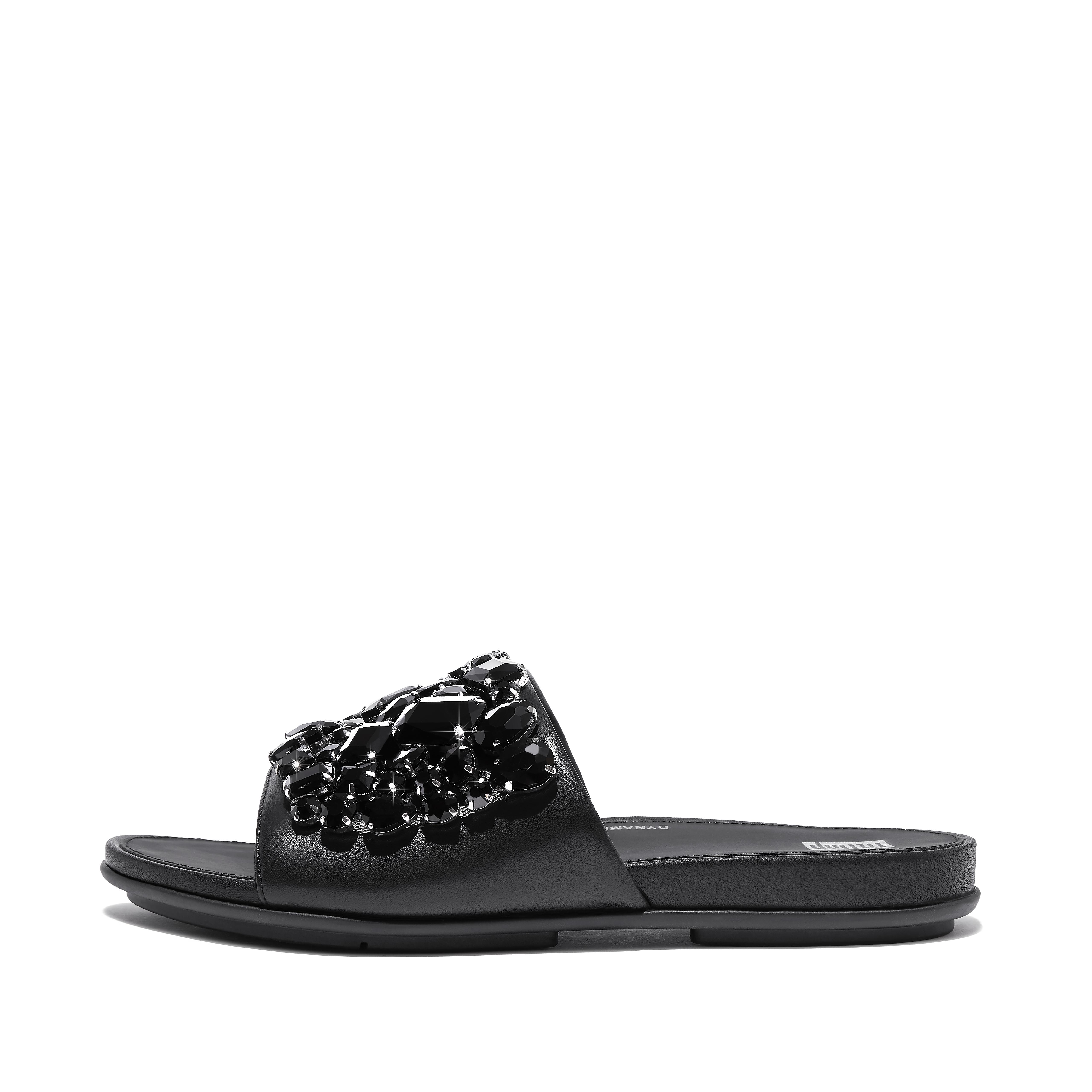 Fitflop Jewel-Deluxe Leather Slides,Black