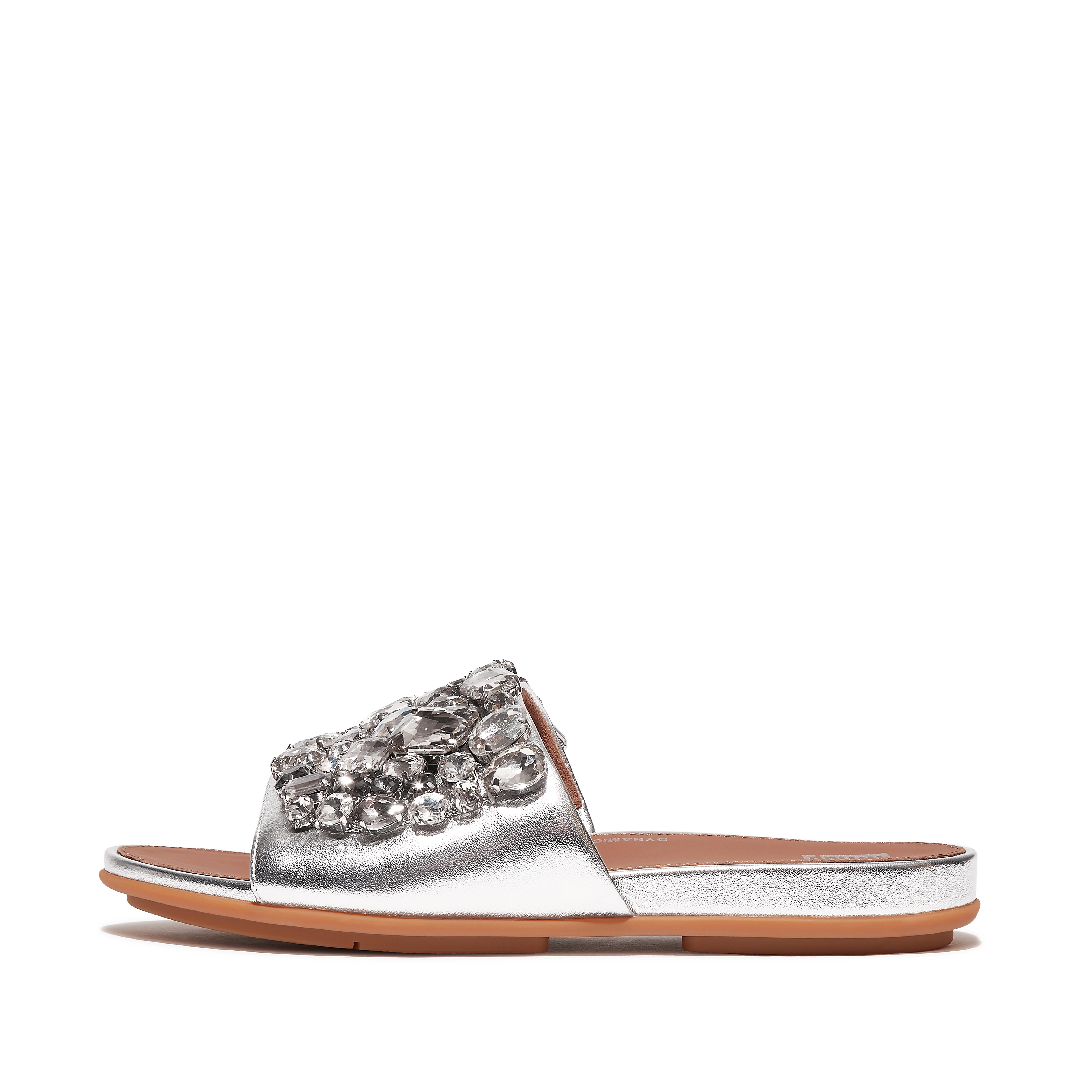Fitflop Jewel-Deluxe Metallic-Leather Slides,Silver