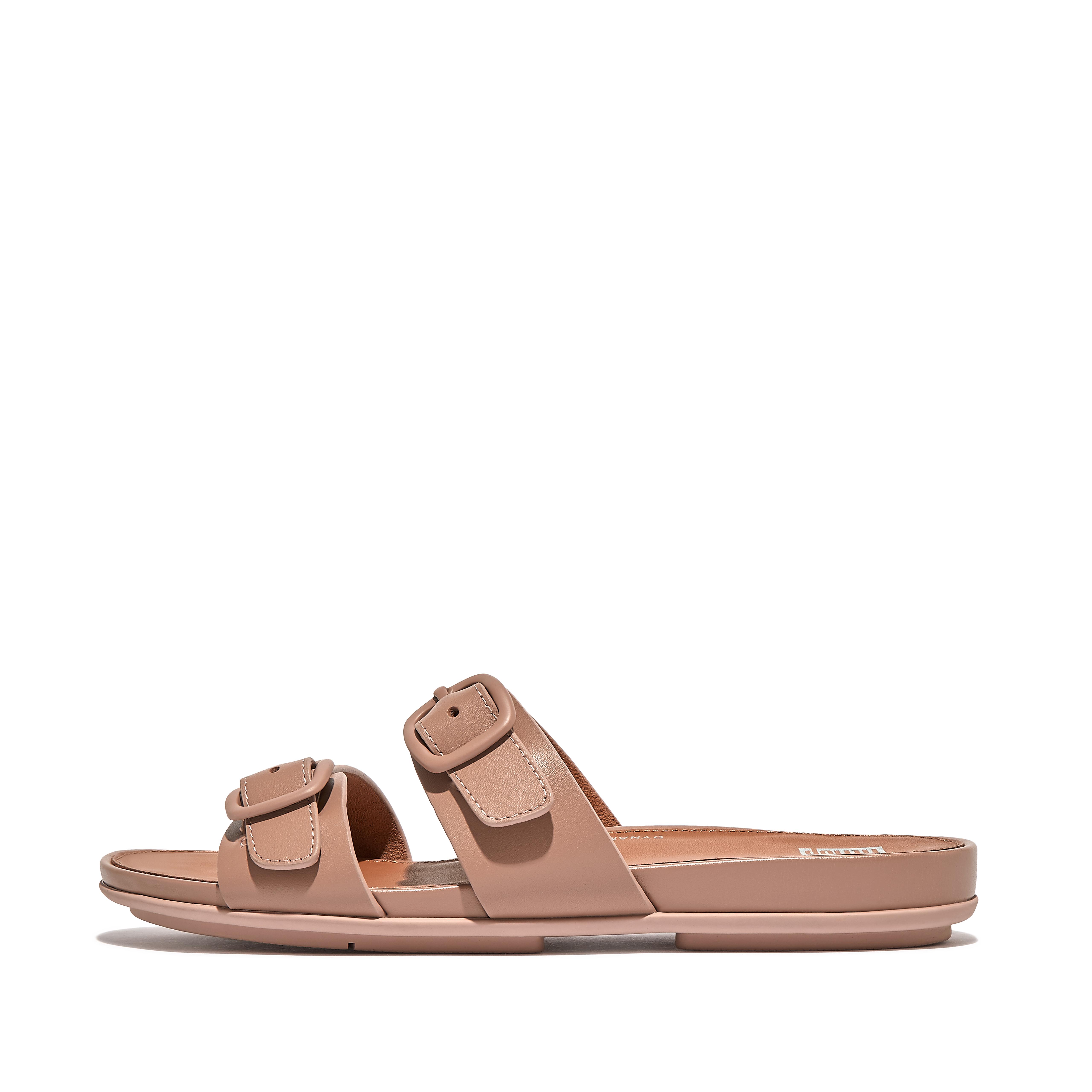Women GRACIE Buckle Two-Bar Leather Slides, Outlet