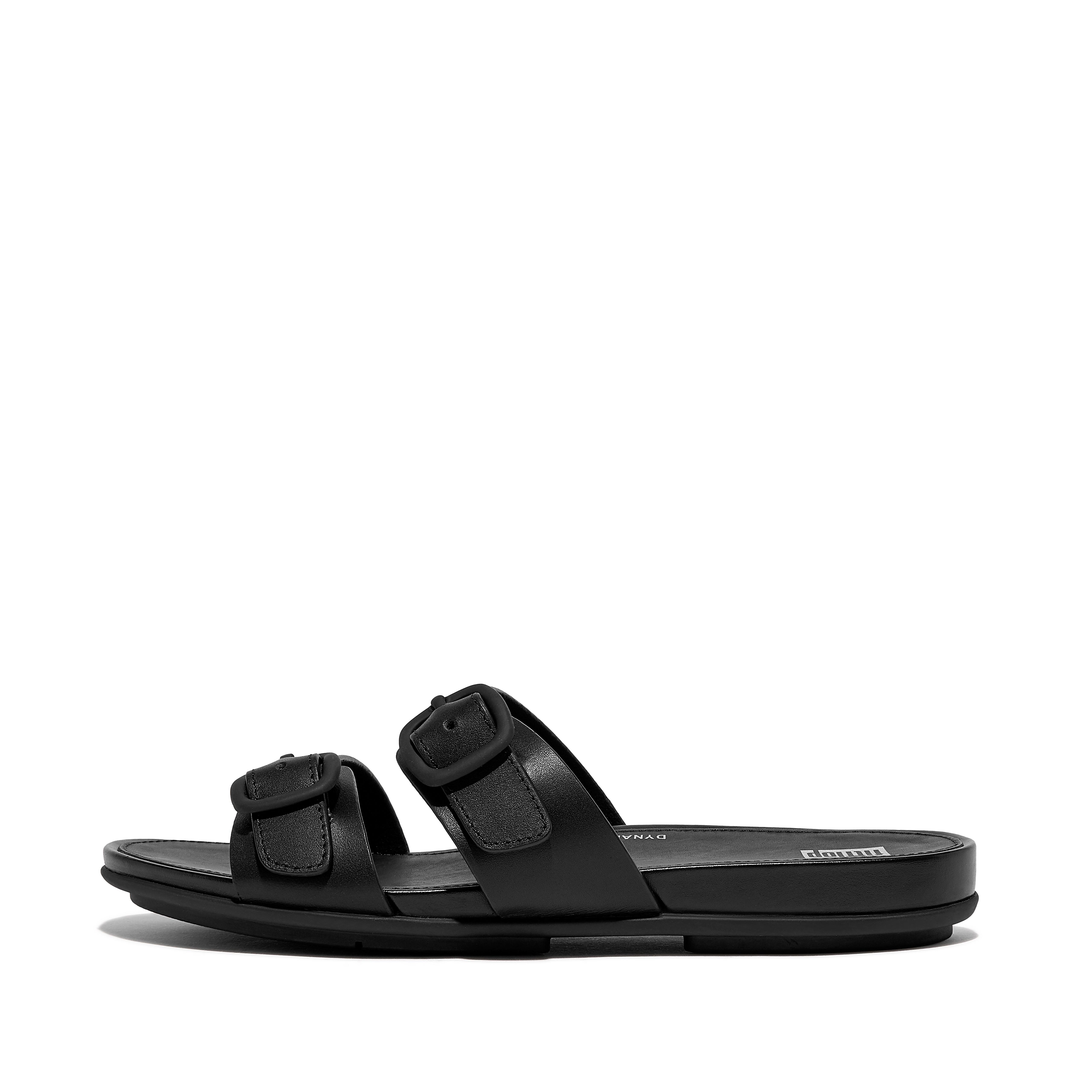 핏플랍 슬리퍼 Fitflop Buckle Two-Bar Leather Slides,All Black