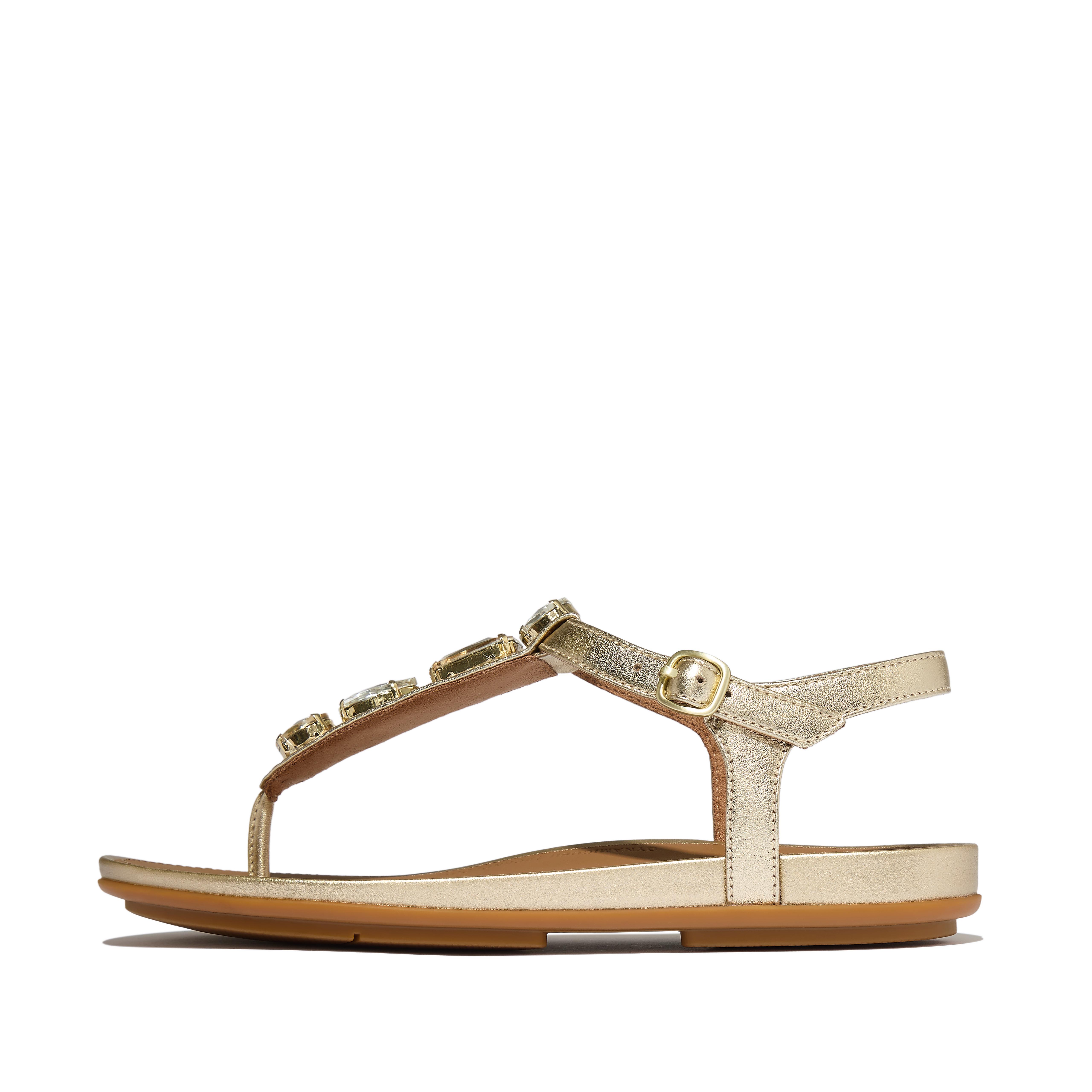 Gracie Ultra-Jewel Metallic-Leather T-Bar Sandals