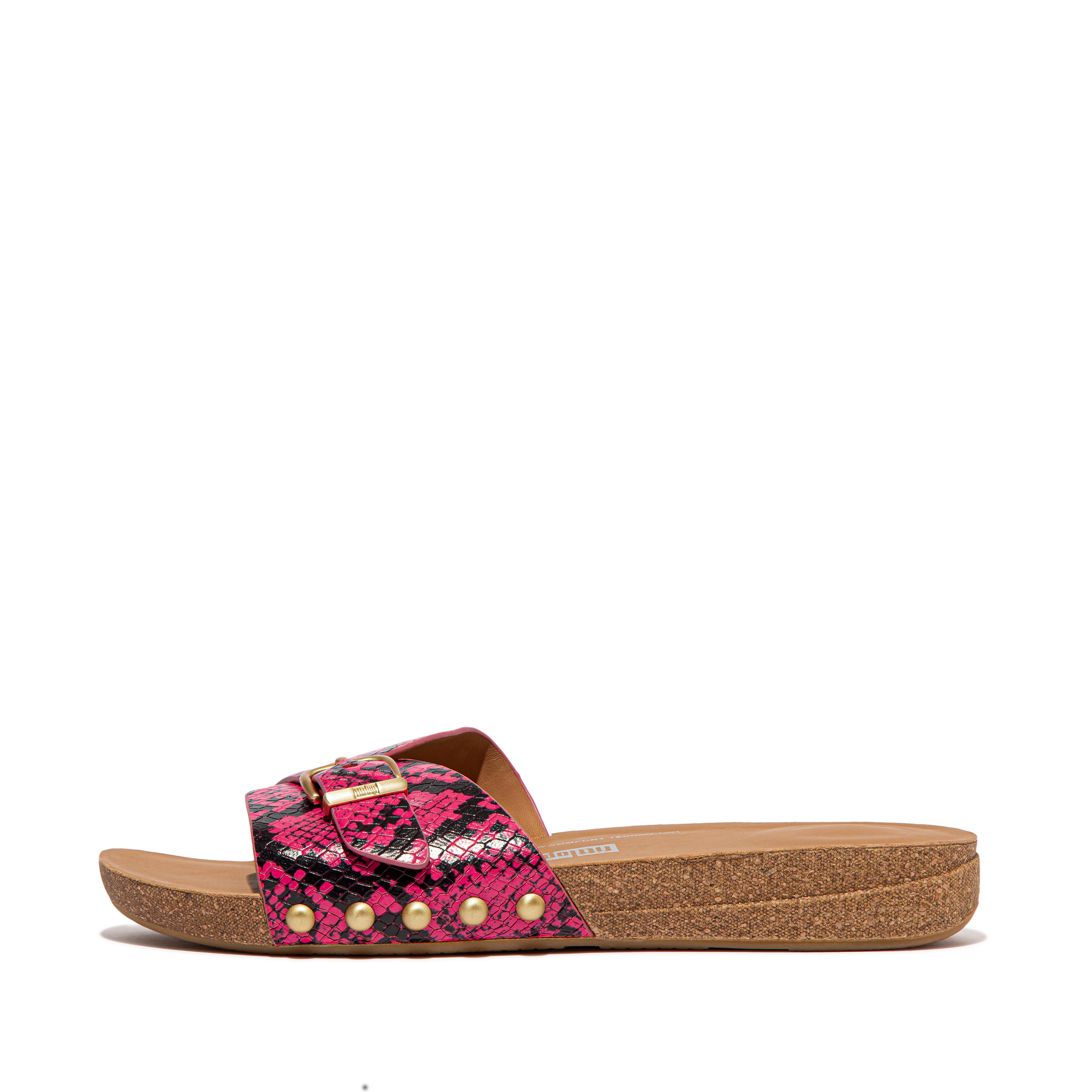 Women IQUSHION Adjustable Buckle Snake-Embossed Leather Sliders, Full Price