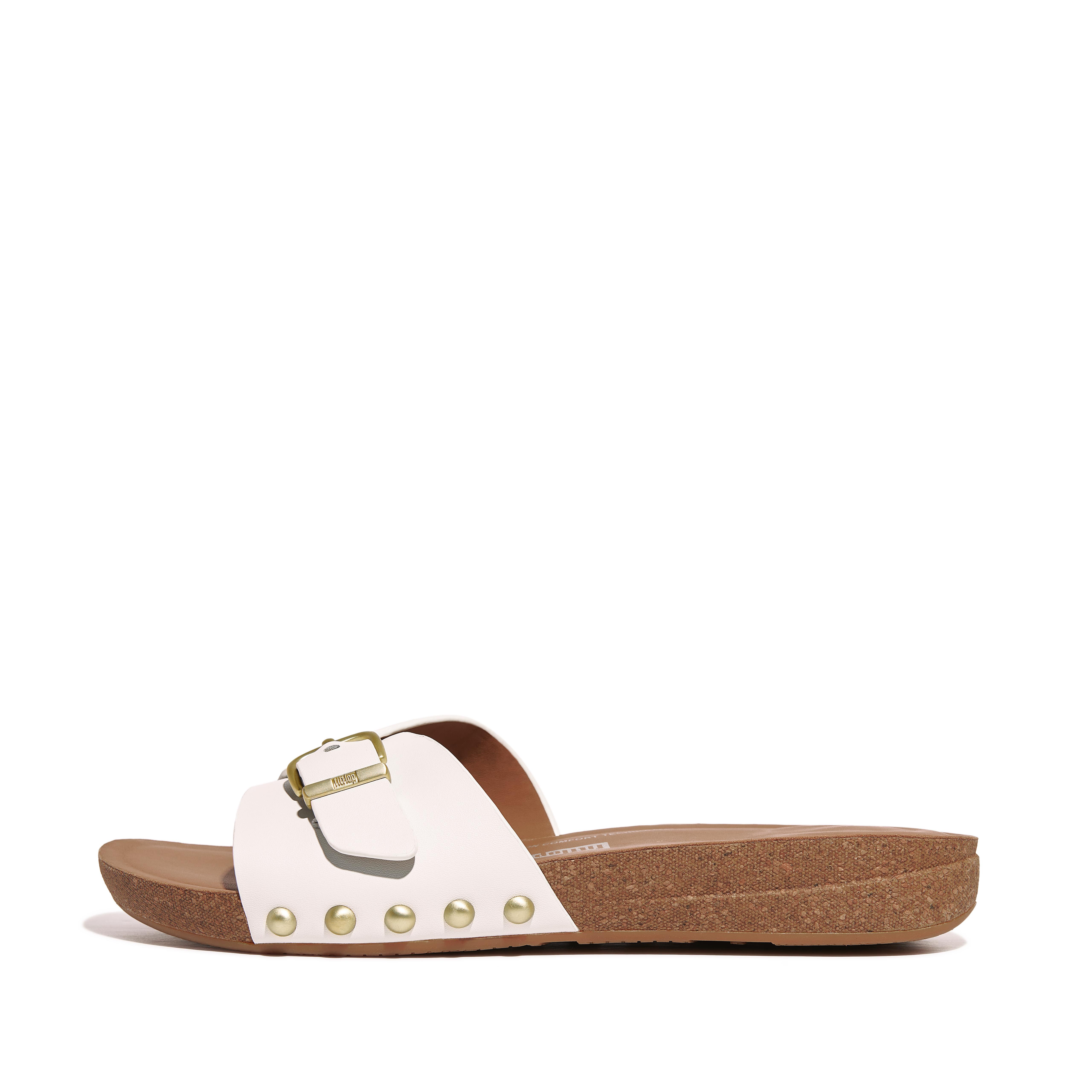 Women IQUSHION Adjustable Buckle Leather Sliders