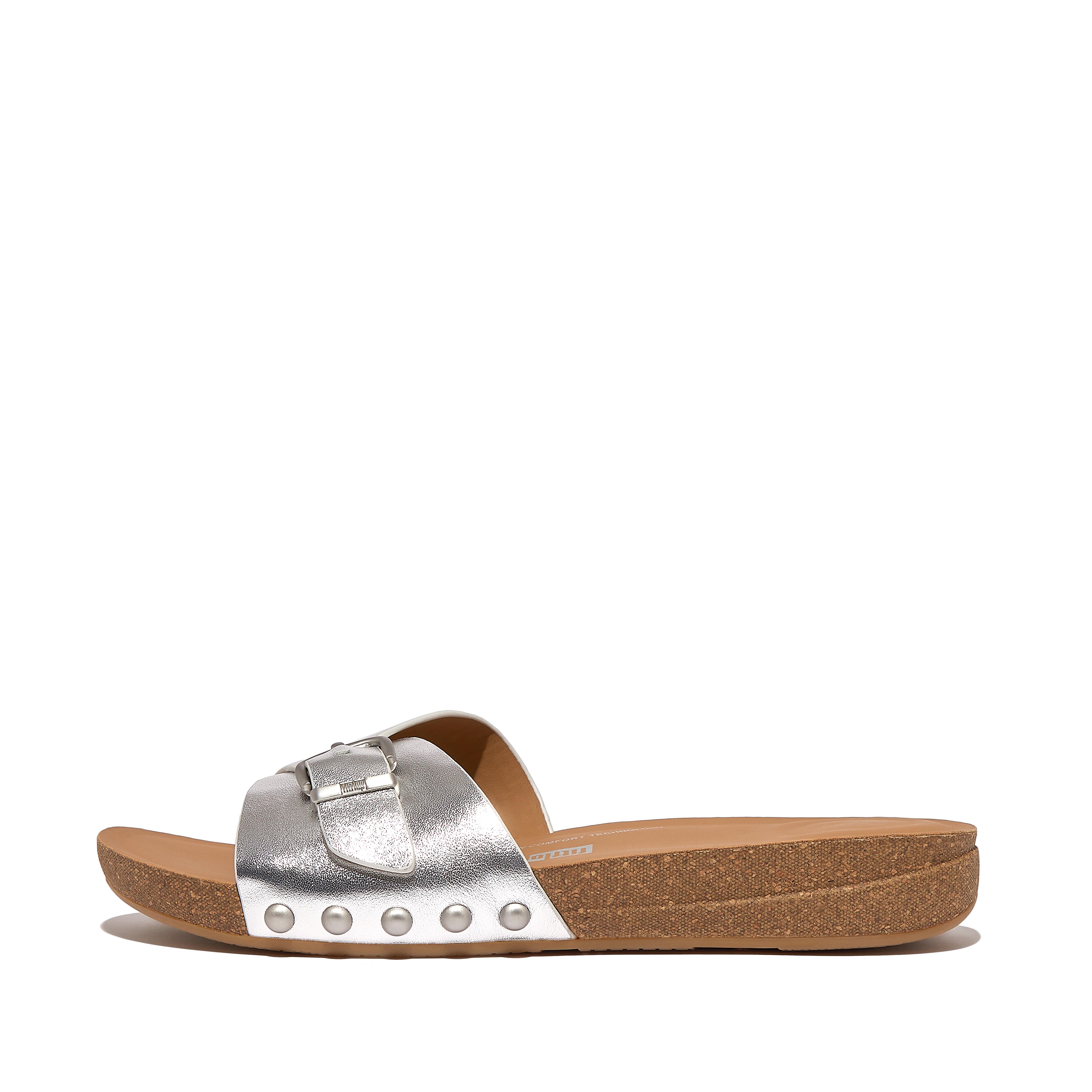 Women IQUSHION Adjustable Buckle Metallic-Leather Sliders, Outlet
