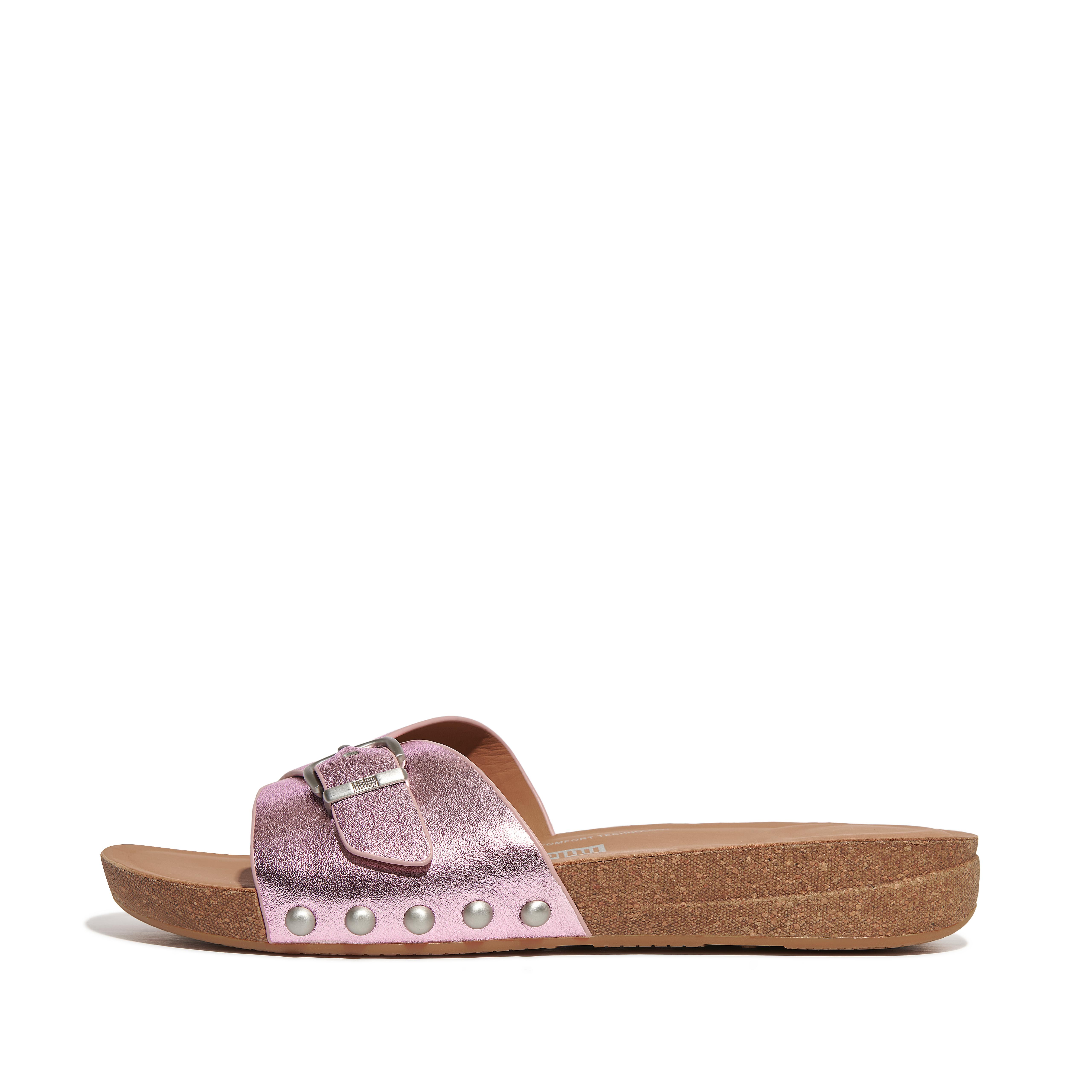 Women IQUSHION Adjustable Buckle Metallic-Leather Sliders, Outlet