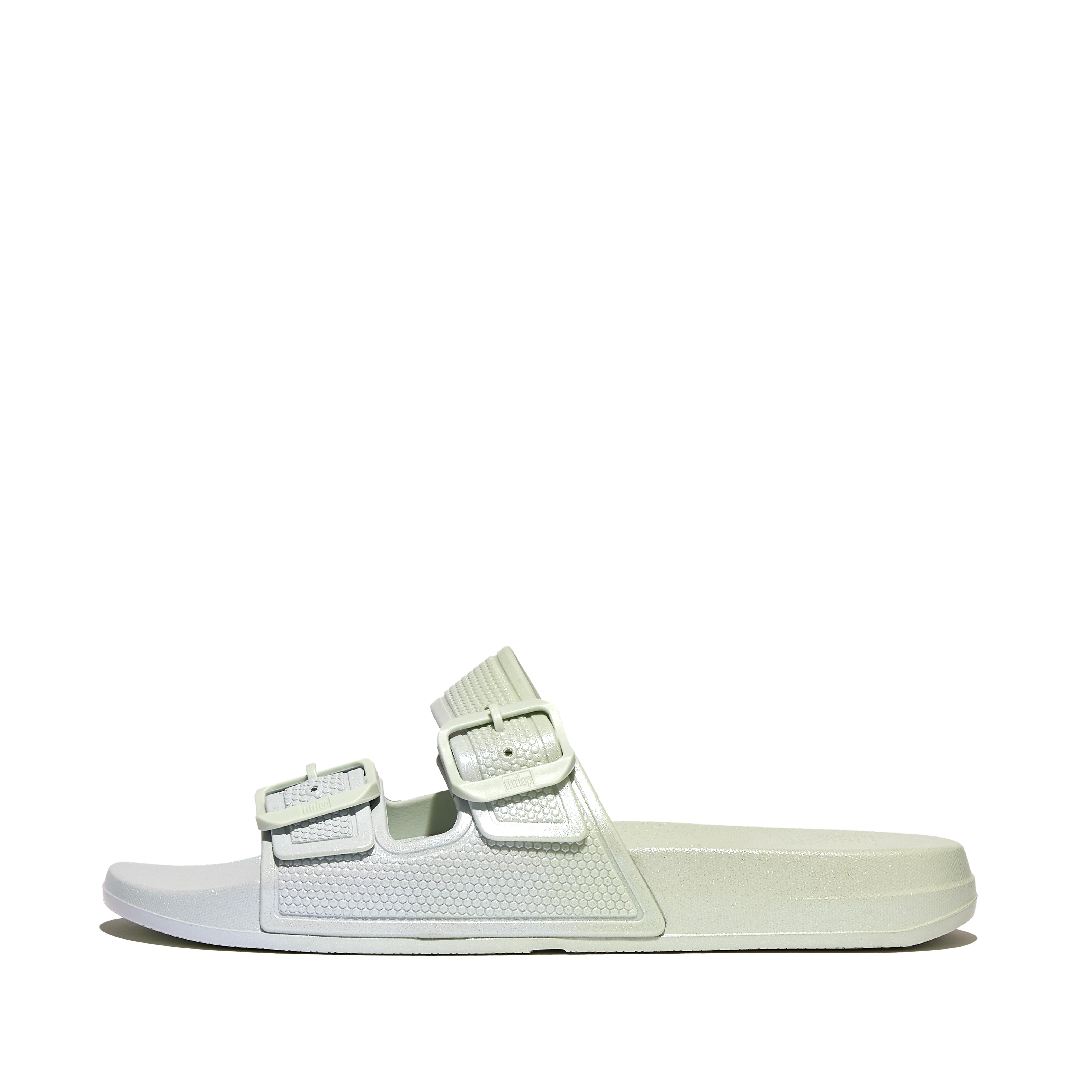 Women IQUSHION Iridescent Two-Bar Buckle Sliders Rubber, Outlet