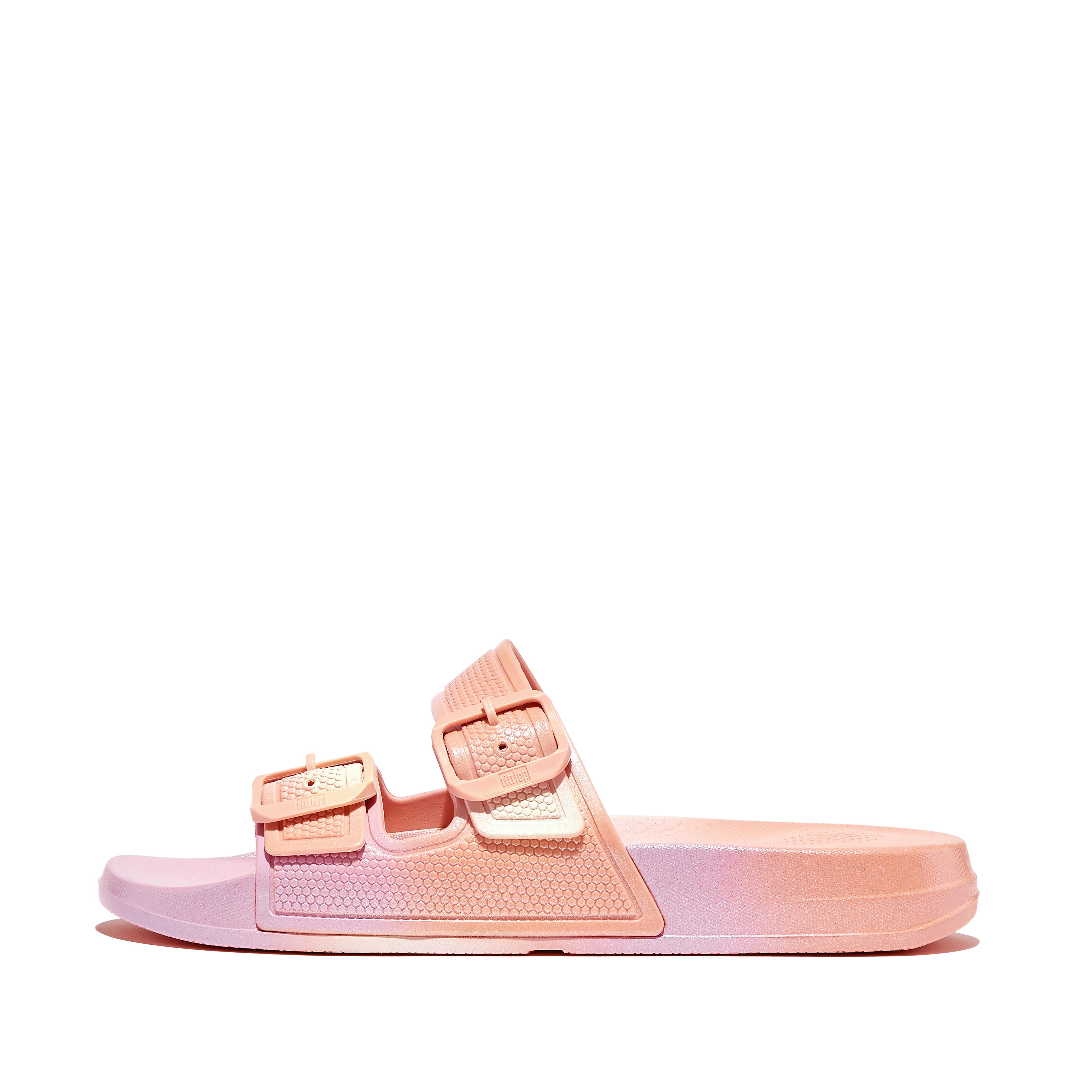 Women IQUSHION Iridescent Two-Bar Buckle Sliders Rubber, Outlet