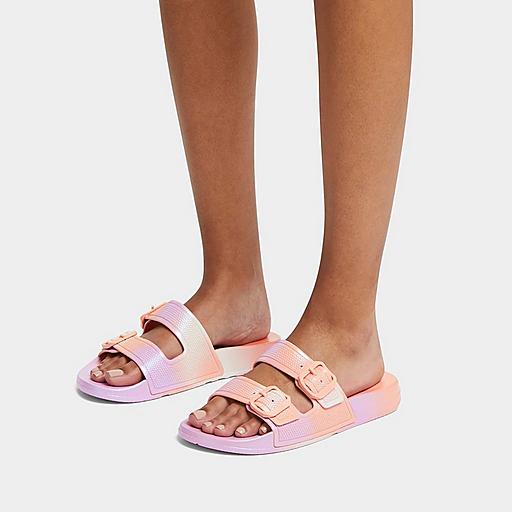 Double buckle iridescent slide sandals hot sale
