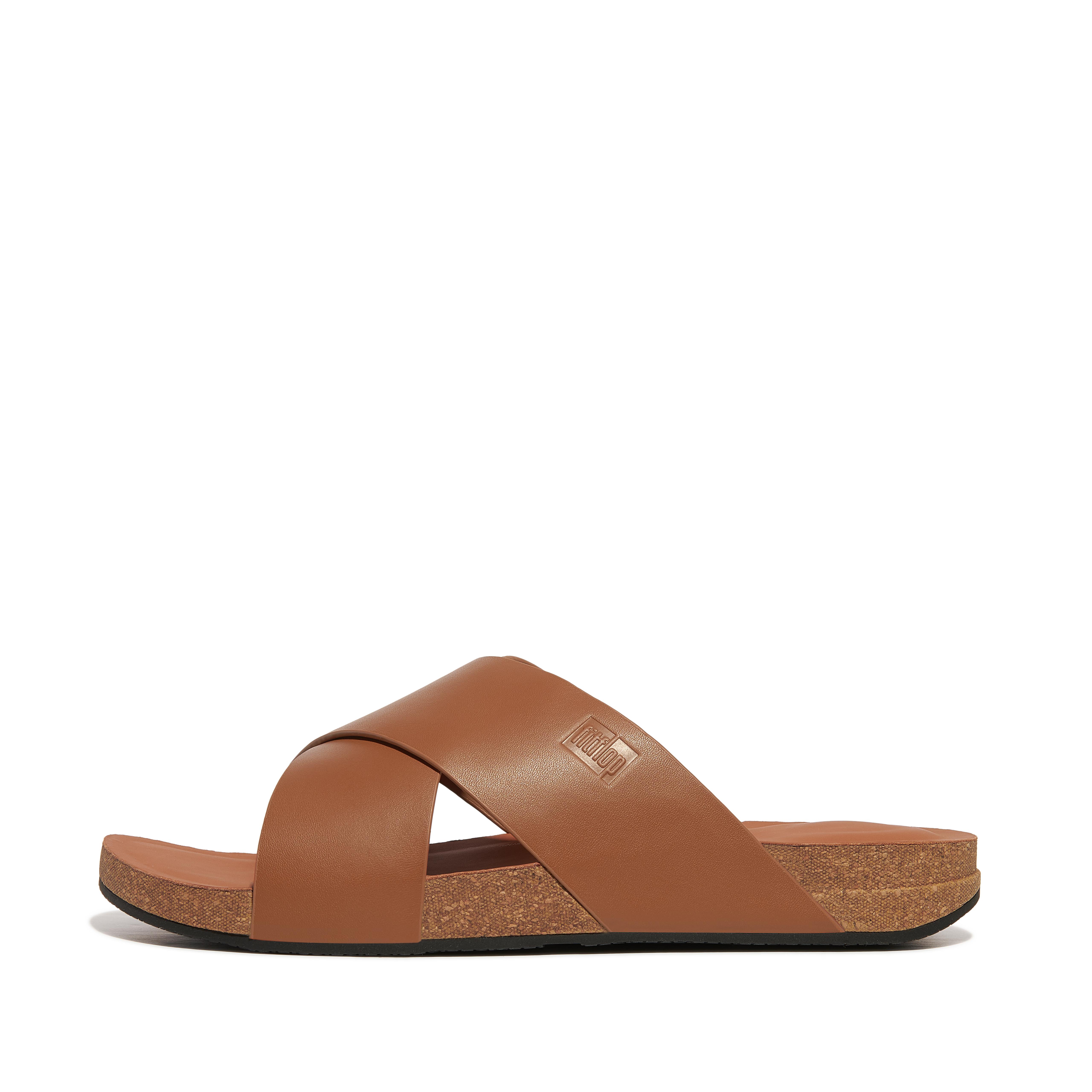 핏플랍 Fitflop Leather Cross Slides,Light Tan