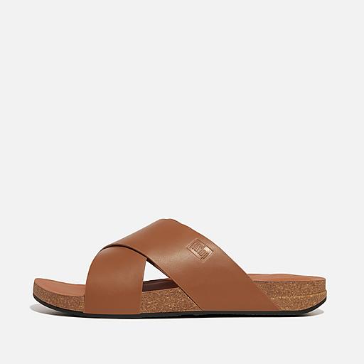 靴 LASER-CUT LEATHER CROSS SLIDES IQUSHION-MENS-LEATHER-CROSS-