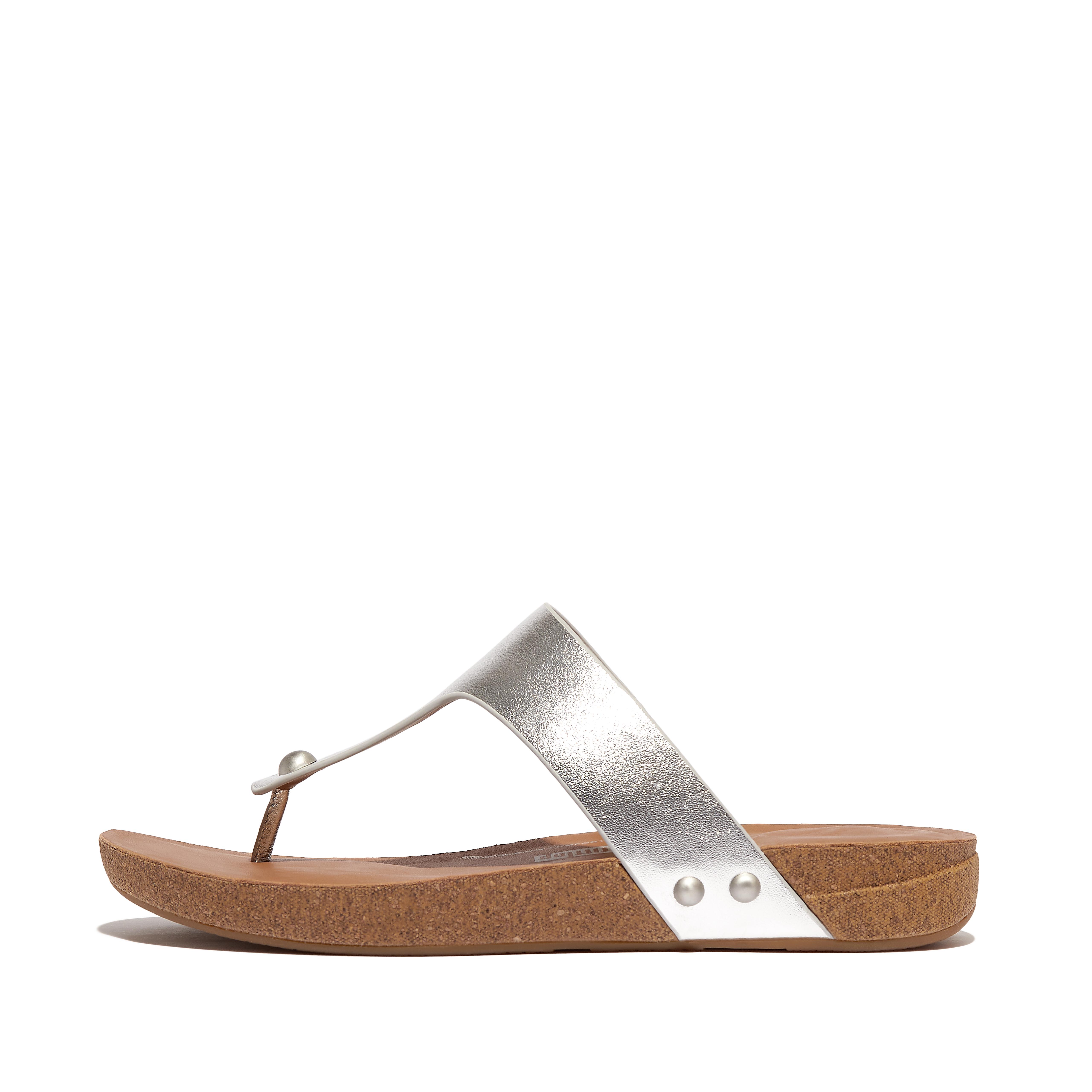 Fitflop Metallic-Leather Toe-Post Sandals,Silver