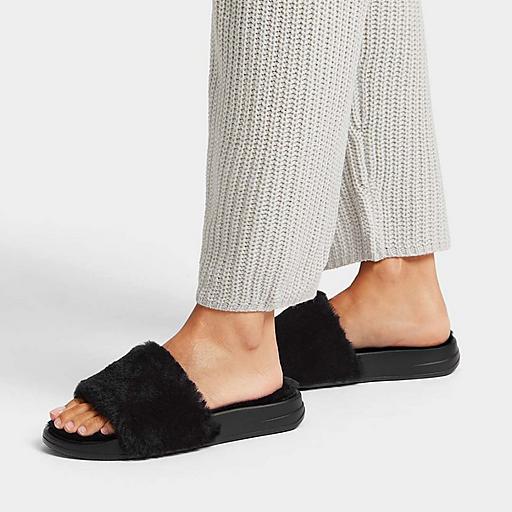 Shearling Logo Slides Black