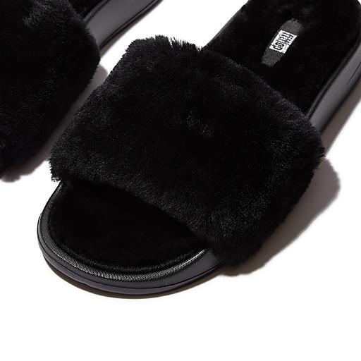 Shearling Logo Slides Black