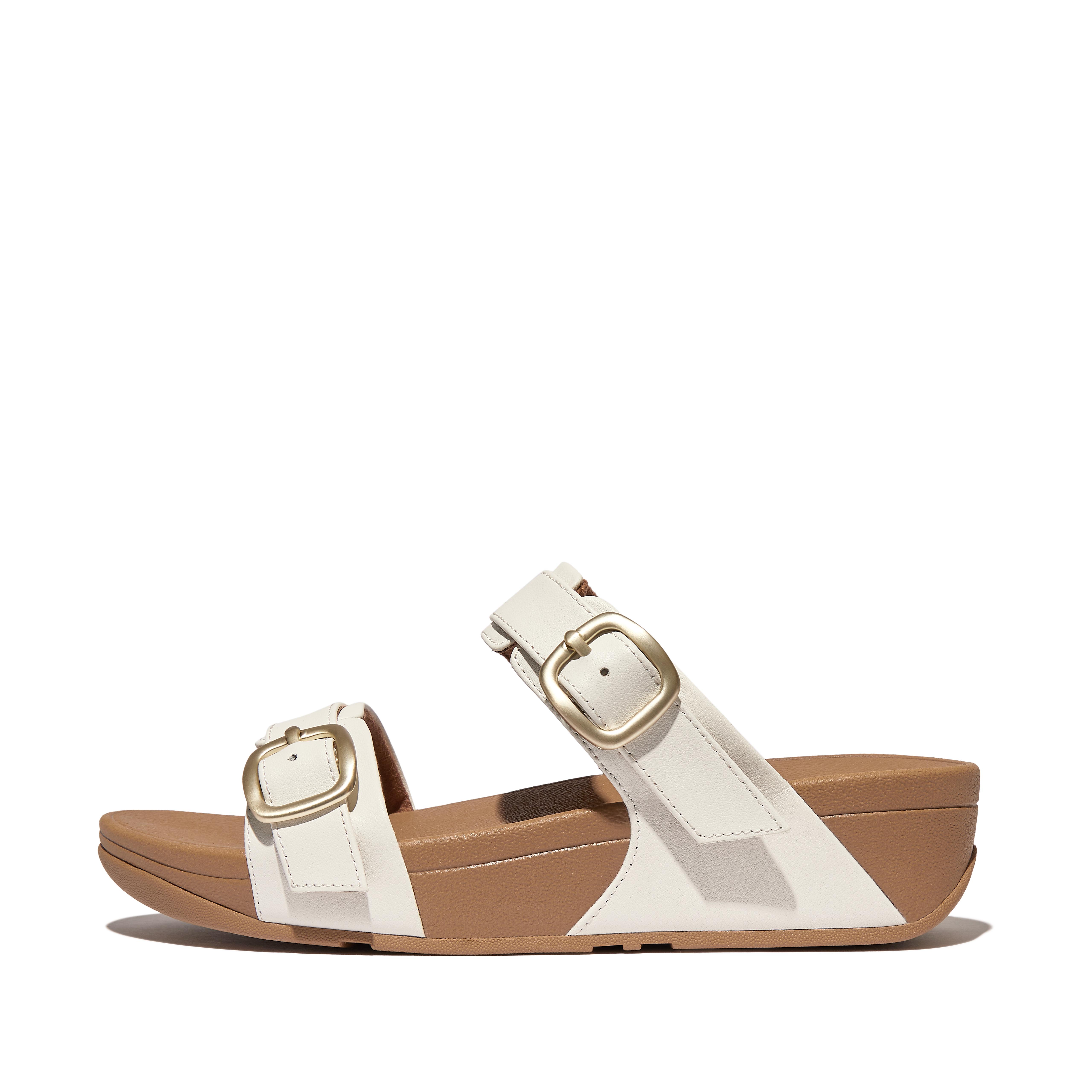Fitflop Adjustable-Buckle Leather Slides,Urban White