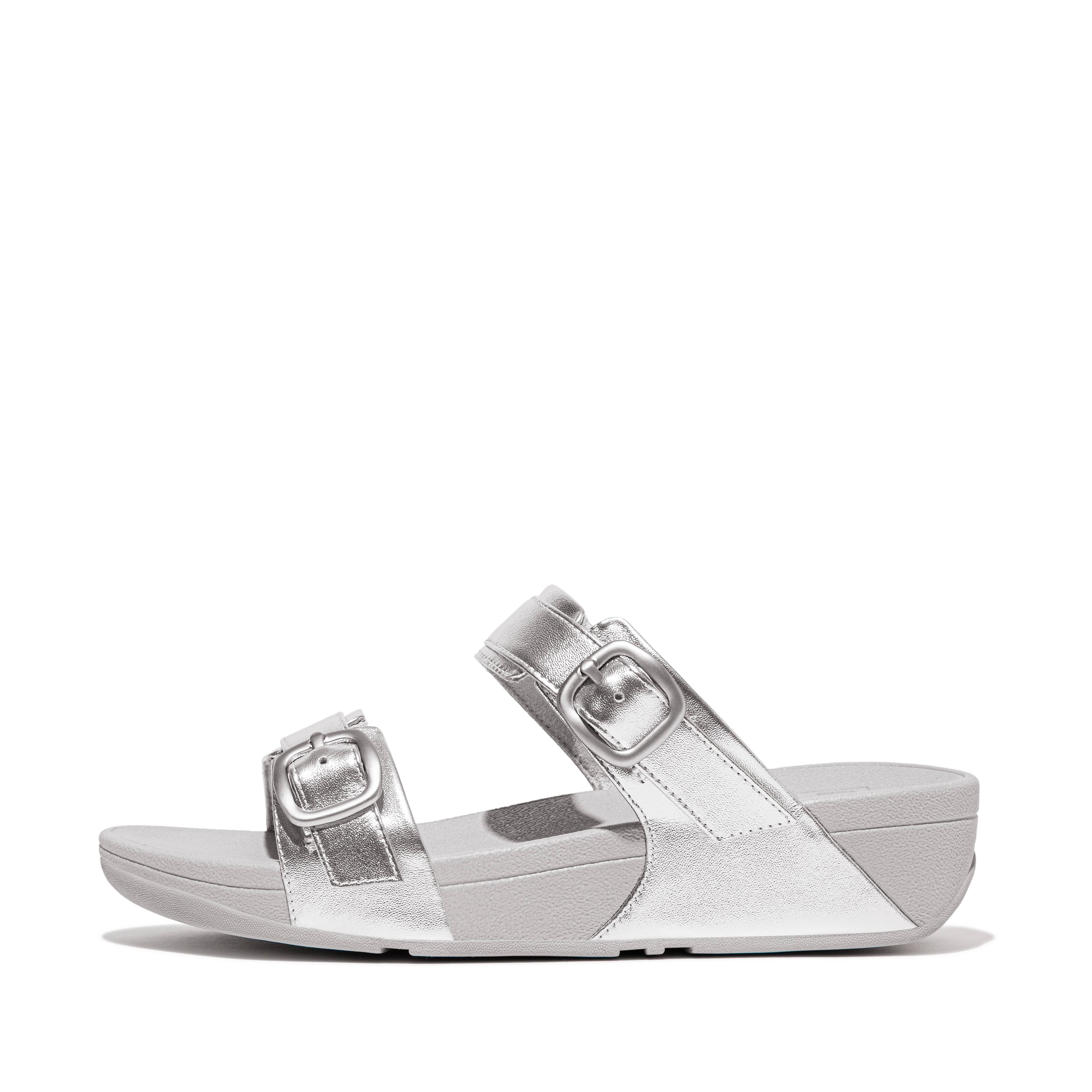 Women LULU Adjustable Metallic-Leather Slides, Full Price