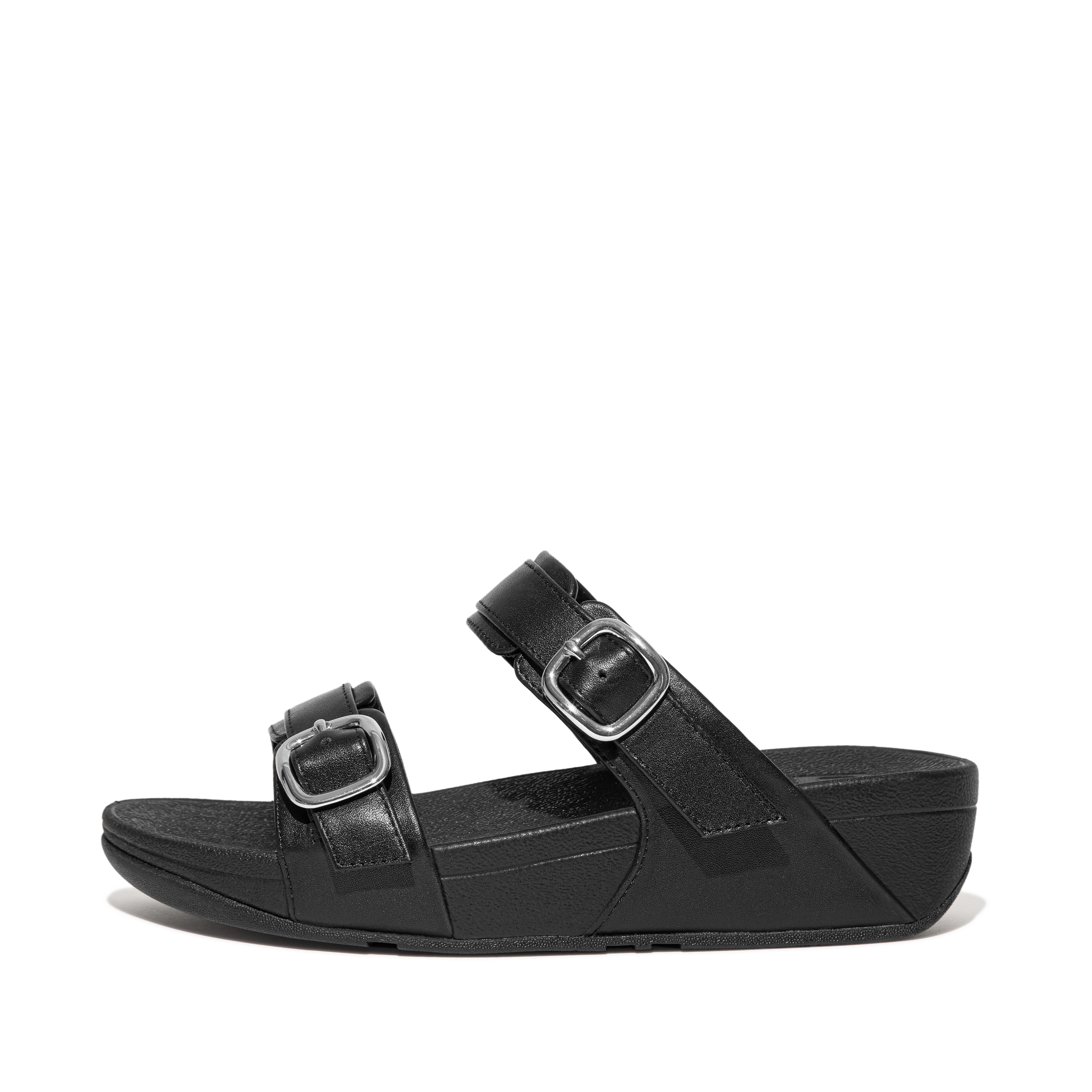 FitFlop LULU Adjustable Leather Slides, Full Price, All Black, Size: US 7.5
