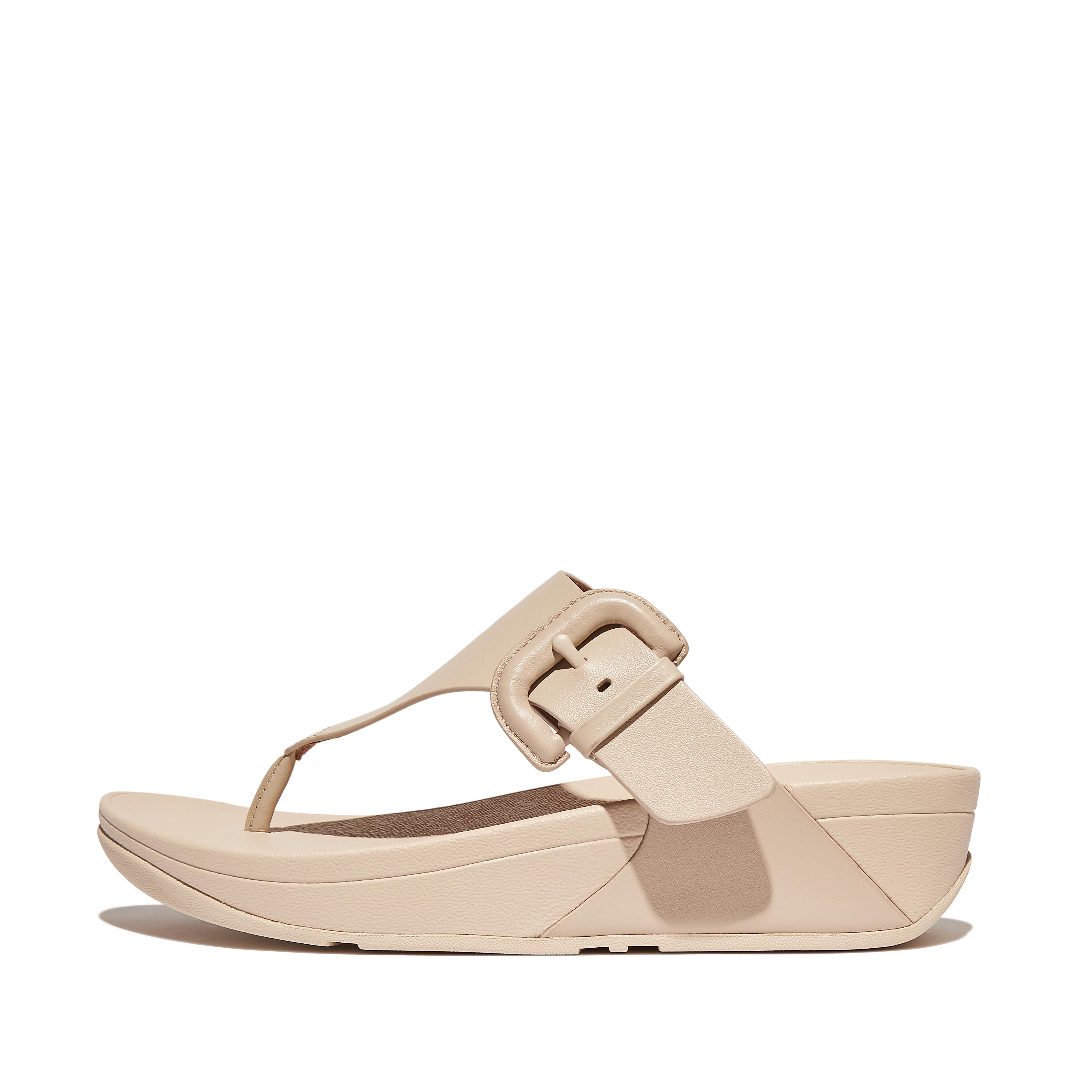 Women LULU Covered-Buckle Raw-Edge Leather Toe-Post Sandals, Outlet