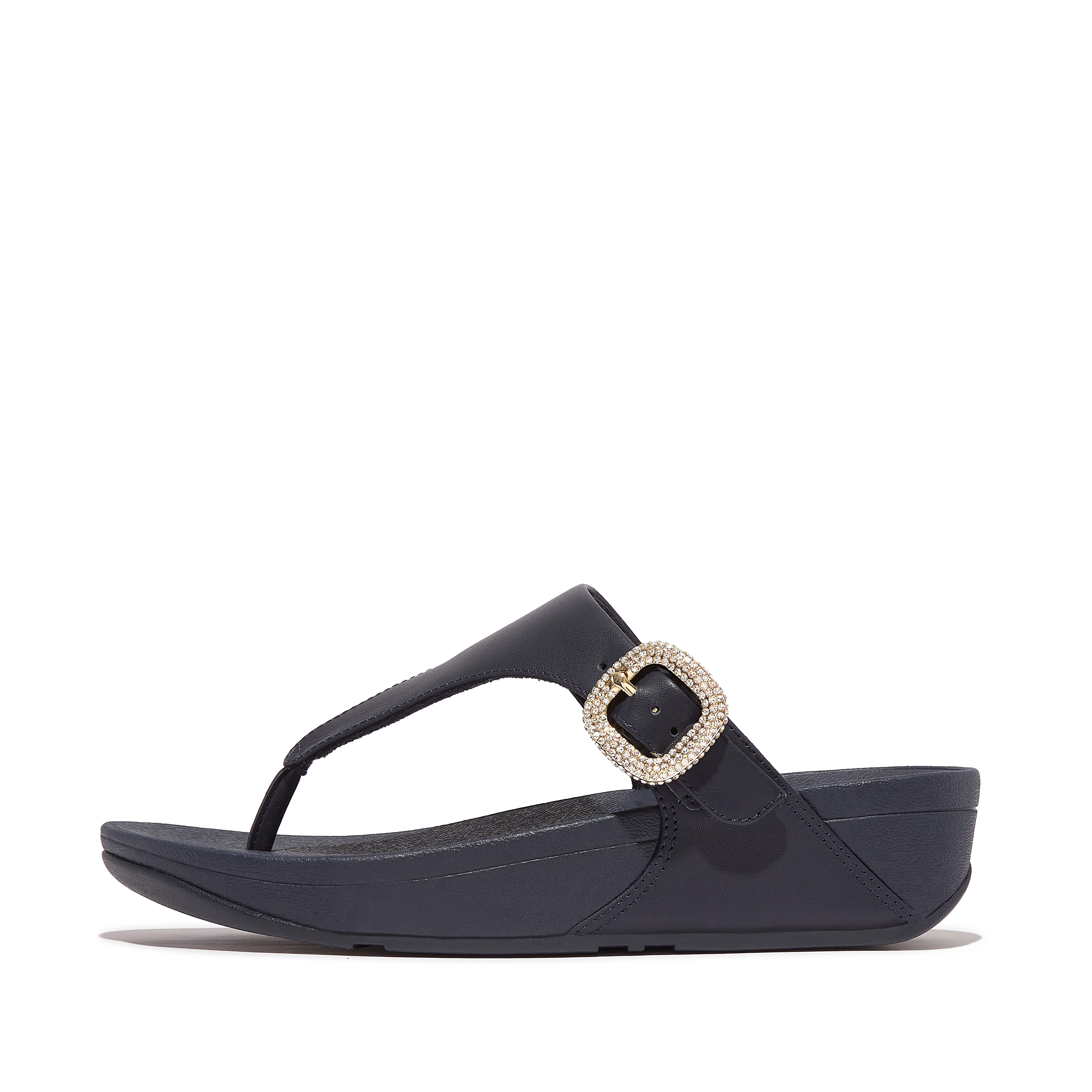 Women LULU Crystal-Buckle Leather Toe-Post Sandals, Full Price