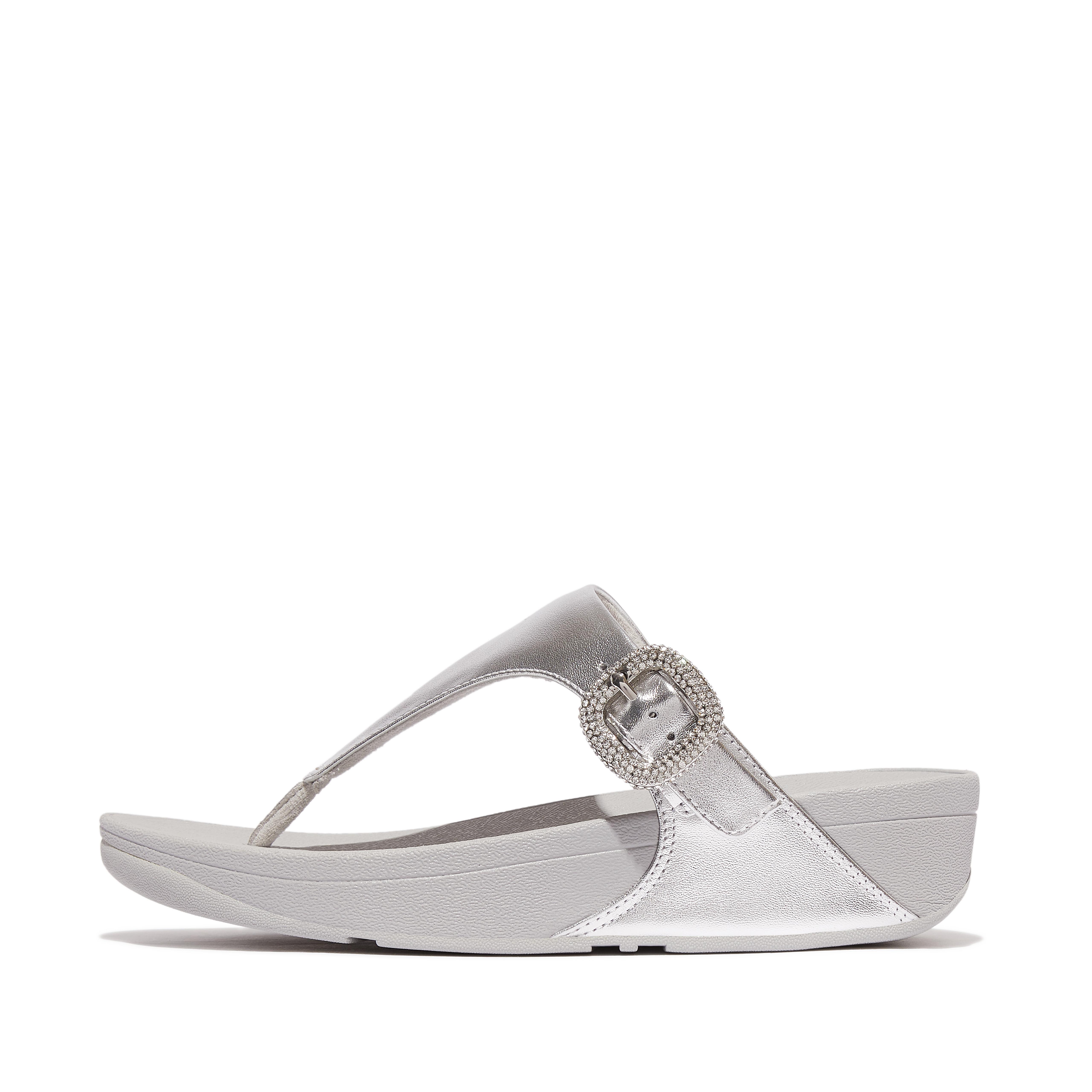 Women LULU Crystal-Buckle Metallic-Leather Toe-Post Sandals, Full Price