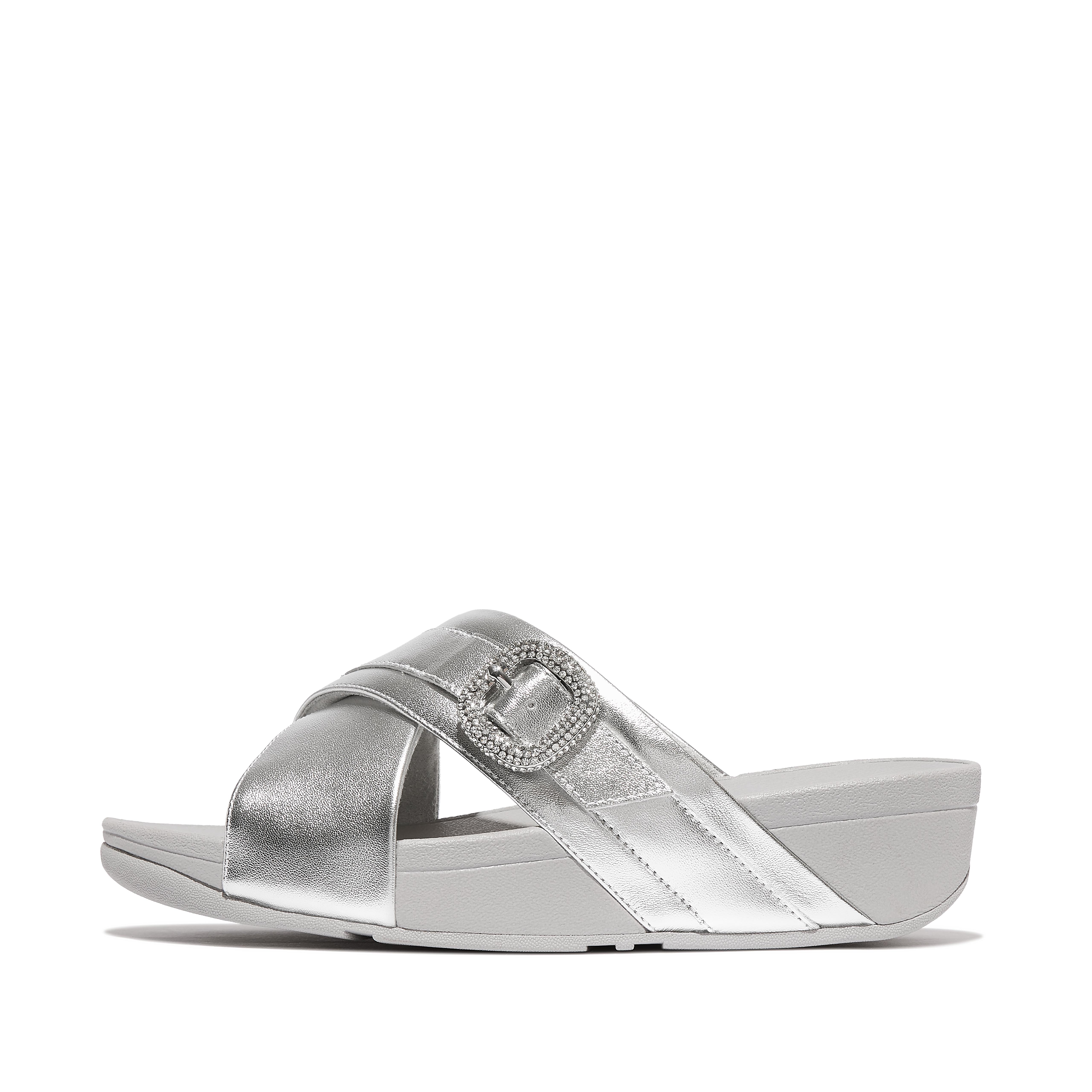 Women LULU Crystal-Buckle Metallic-Leather Cross Slides, Full Price