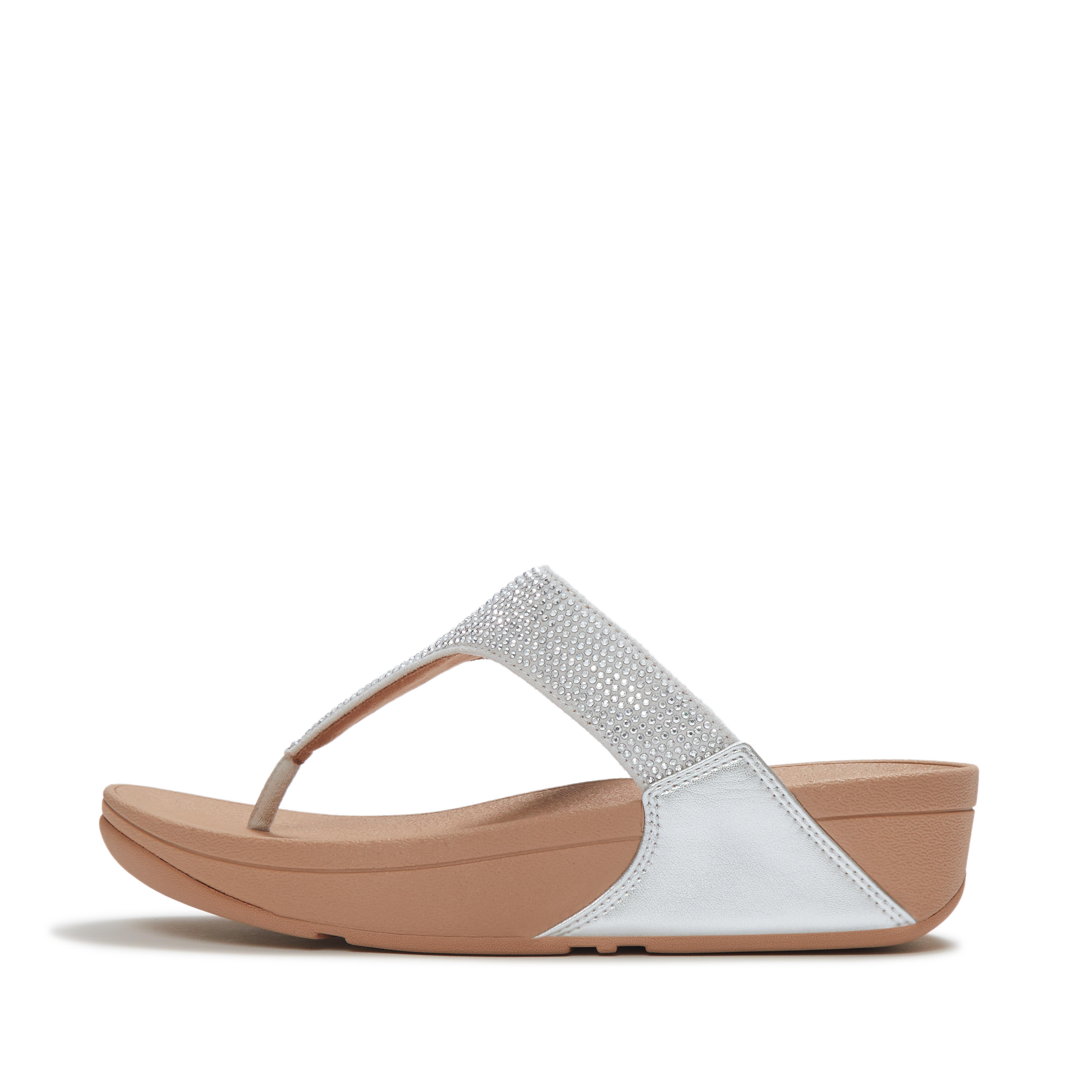 FitFlop LULU Crystal-Embellished Toe-Post Sandals Pu/Microfibre, Full Price, Silver, Size: US 11